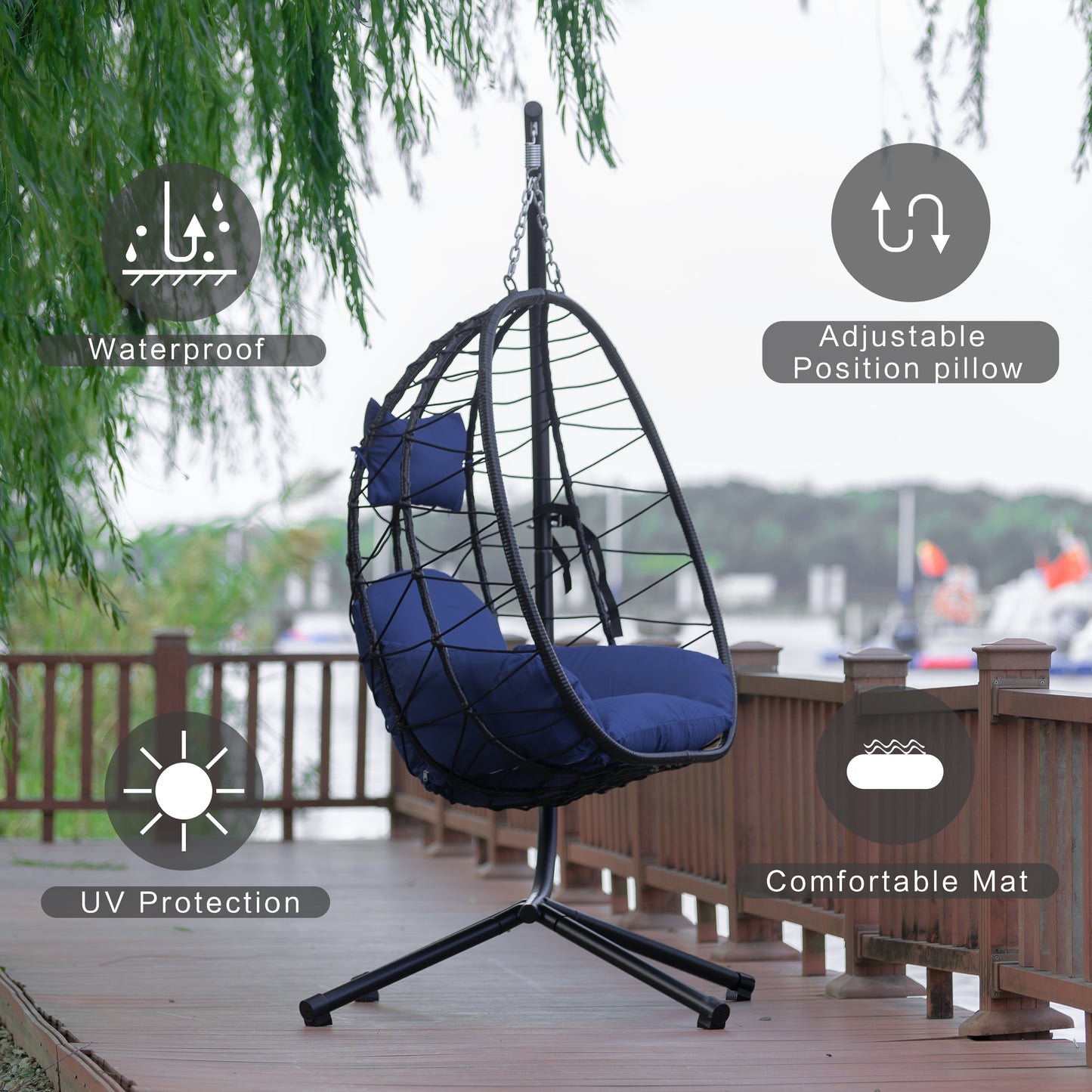 Melysen Egg Chair with Stand Indoor Outdoor Swing Chair Patio Wicker Hanging Egg Chair Hanging Basket Chair Hammock Chair with Stand for Bedroom Living Room Balcony,Navy Blue