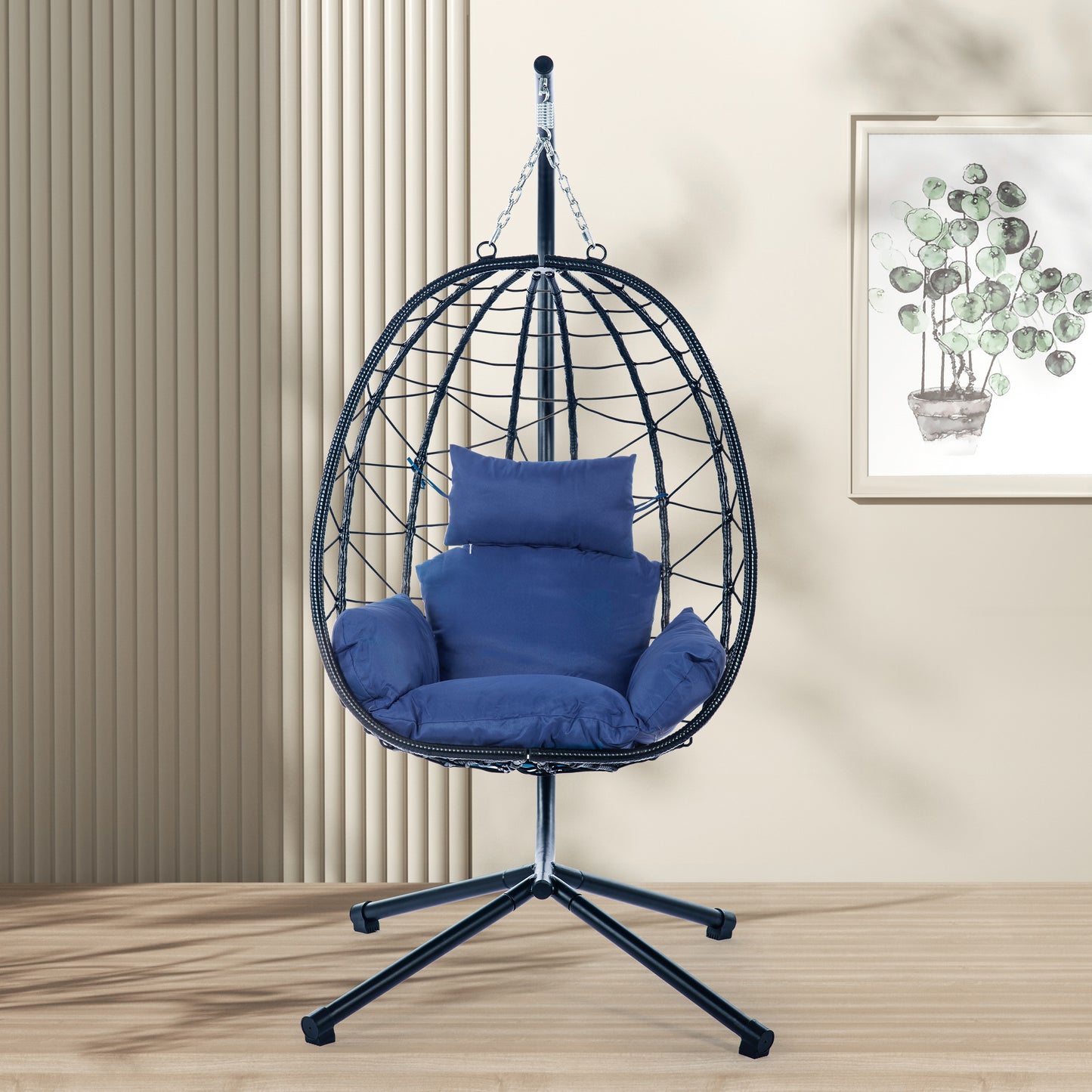 Melysen Egg Chair with Stand Indoor Outdoor Swing Chair Patio Wicker Hanging Egg Chair Hanging Basket Chair Hammock Chair with Stand for Bedroom Living Room Balcony,Navy Blue