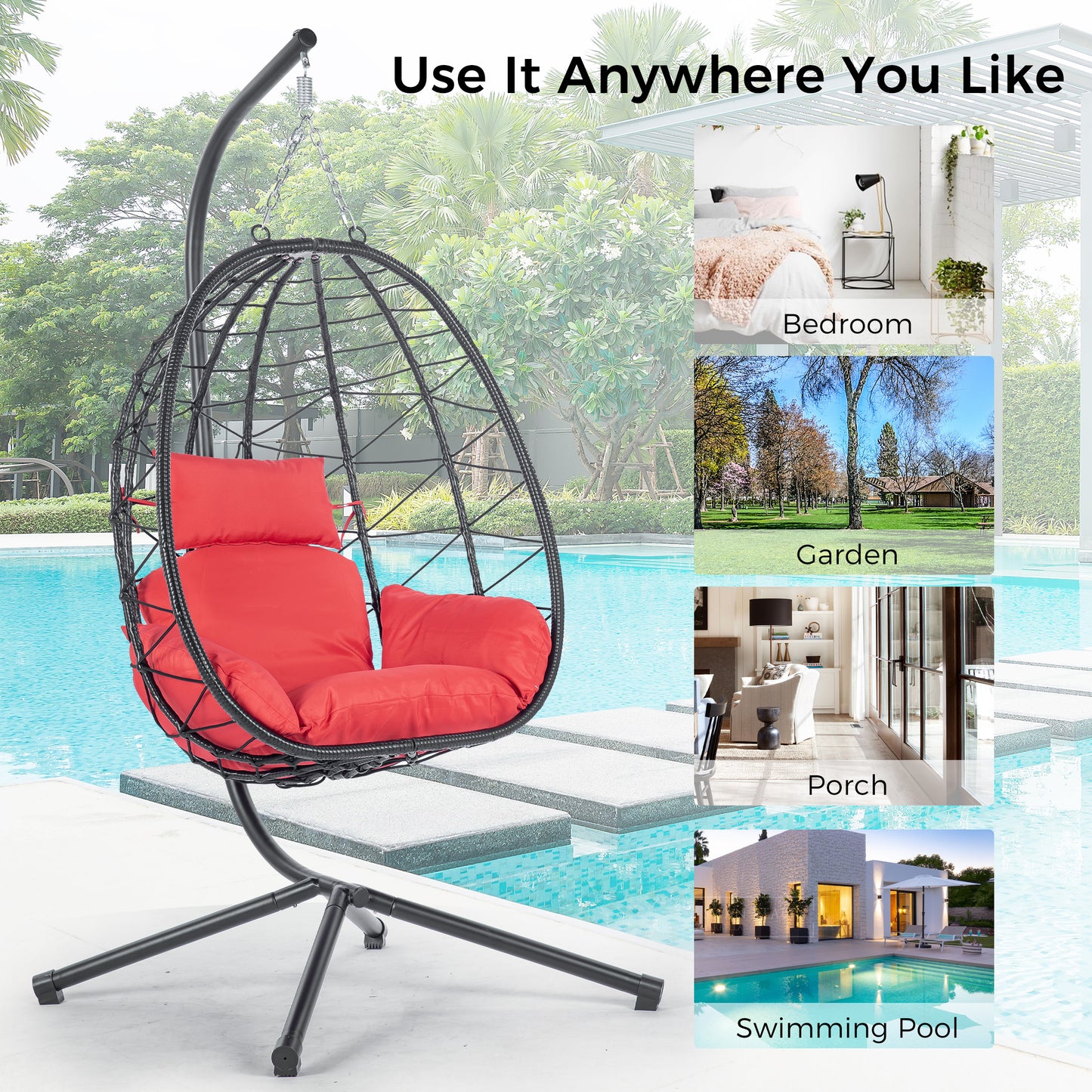 Melysen Egg Chair with Stand Indoor Outdoor Swing Chair Patio Wicker Hanging Egg Chair Hanging Basket Chair Hammock Chair with Stand for Bedroom Living Room Balcony,Red