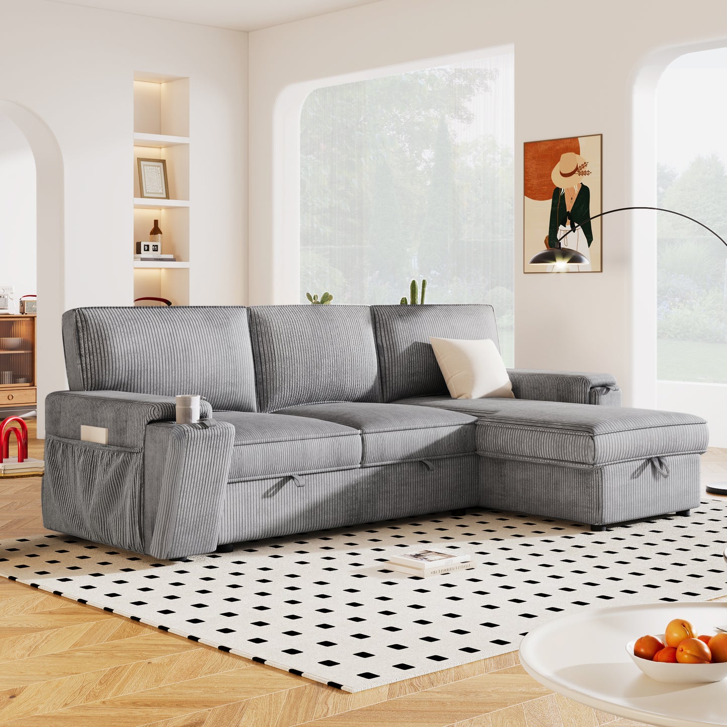 Melysen Upholstery Sleeper Sectional Sofa with Storage Bags and 2 cup holders on Arms