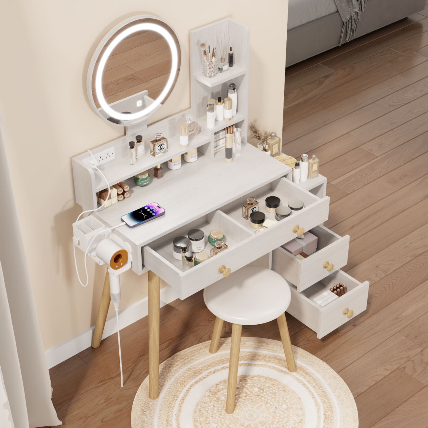 Melysen Round Mirror Bedside Cabinet Vanity Table + Cushioned Stool, With 2 AC Power + 2 USB socket, 17" diameter LED Mirror, Touch Control, 3-color, Brightness adjustable, Large desktop, Multi-layer Storage,White Oak