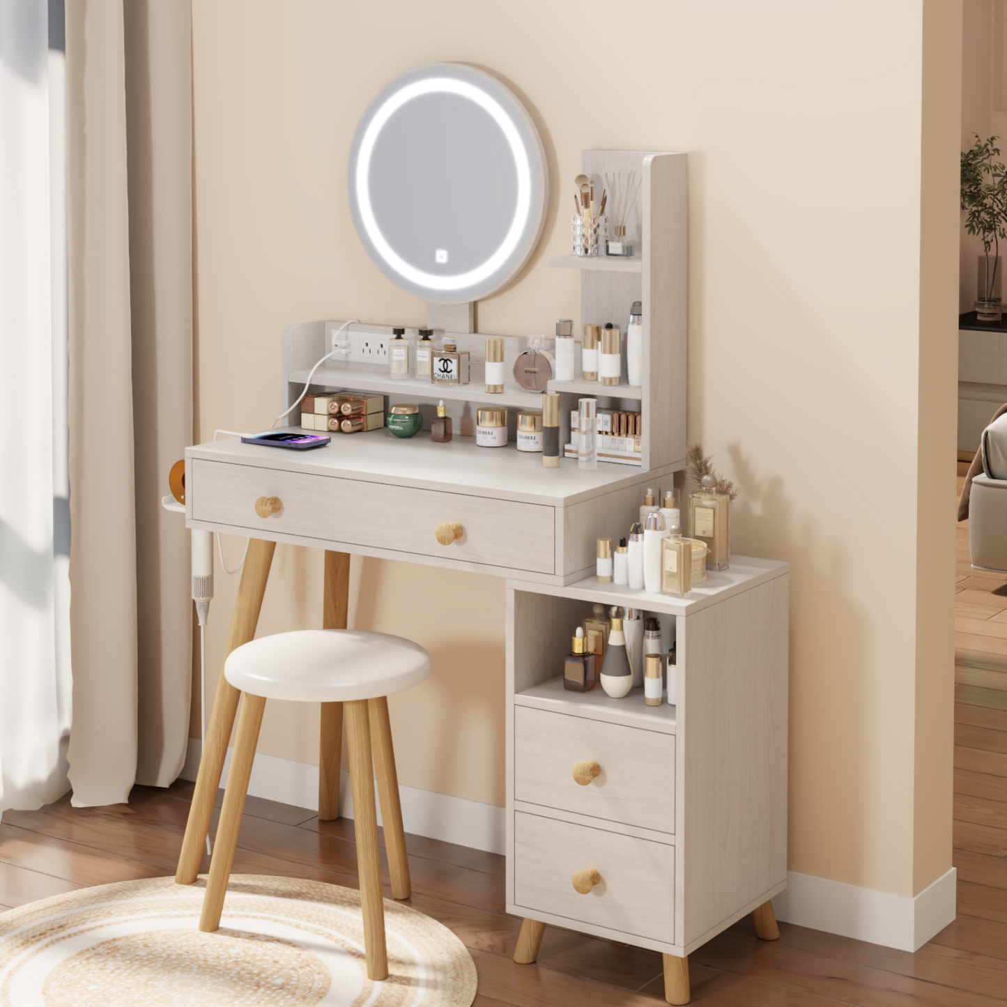 Melysen Round Mirror Bedside Cabinet Vanity Table + Cushioned Stool, With 2 AC Power + 2 USB socket, 17" diameter LED Mirror, Touch Control, 3-color, Brightness adjustable, Large desktop, Multi-layer Storage,White Oak