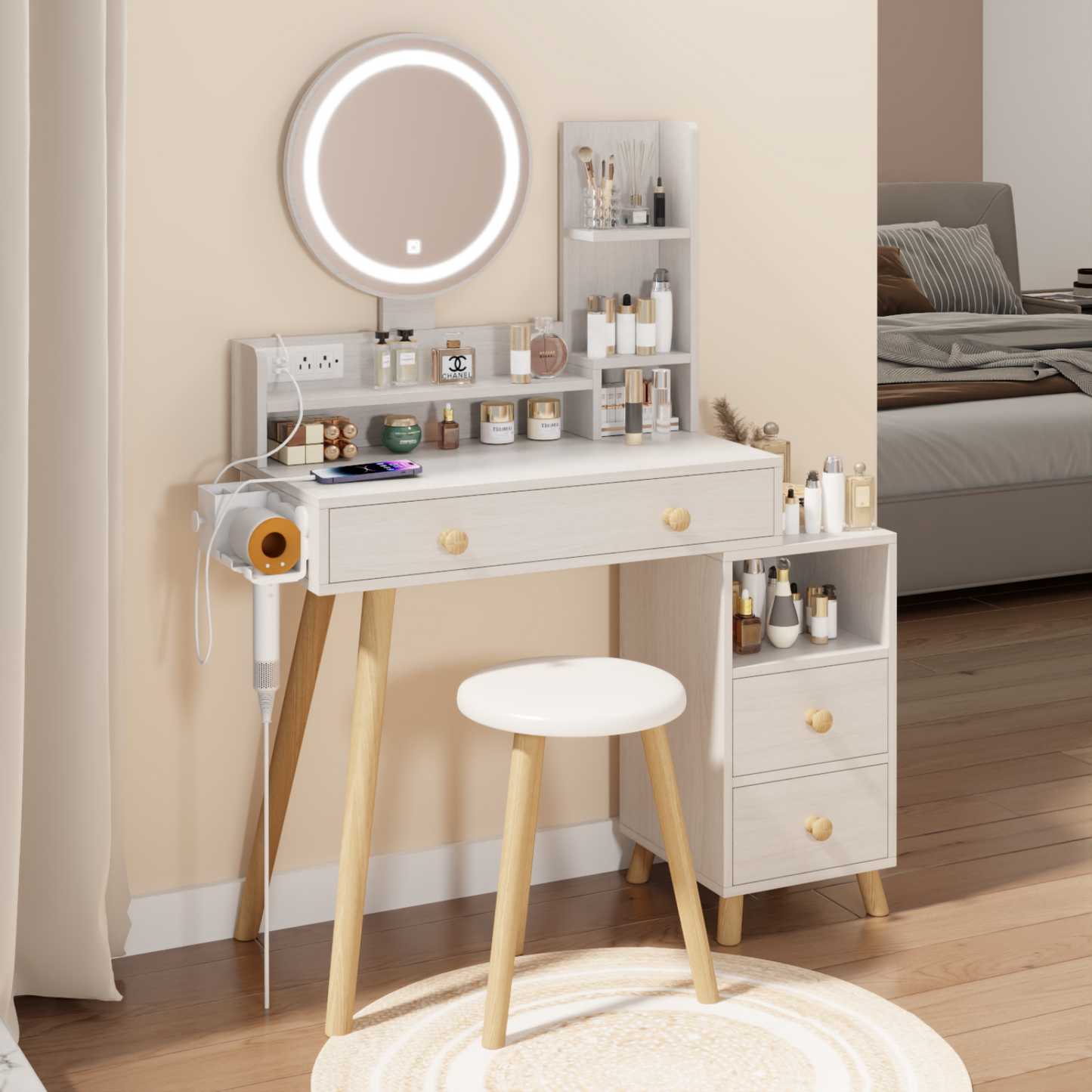 Melysen Round Mirror Bedside Cabinet Vanity Table + Cushioned Stool, With 2 AC Power + 2 USB socket, 17" diameter LED Mirror, Touch Control, 3-color, Brightness adjustable, Large desktop, Multi-layer Storage,White Oak