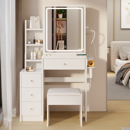 Melysen Left Bedside Cabinet Vanity Table + Cushioned Stool, With 2 AC + 2 USB Socket, Extra Large Sliding LED Mirror, Touch Control, Tri-color, Brightness Adjustable, Multi Layer, High Capacity Storage,White