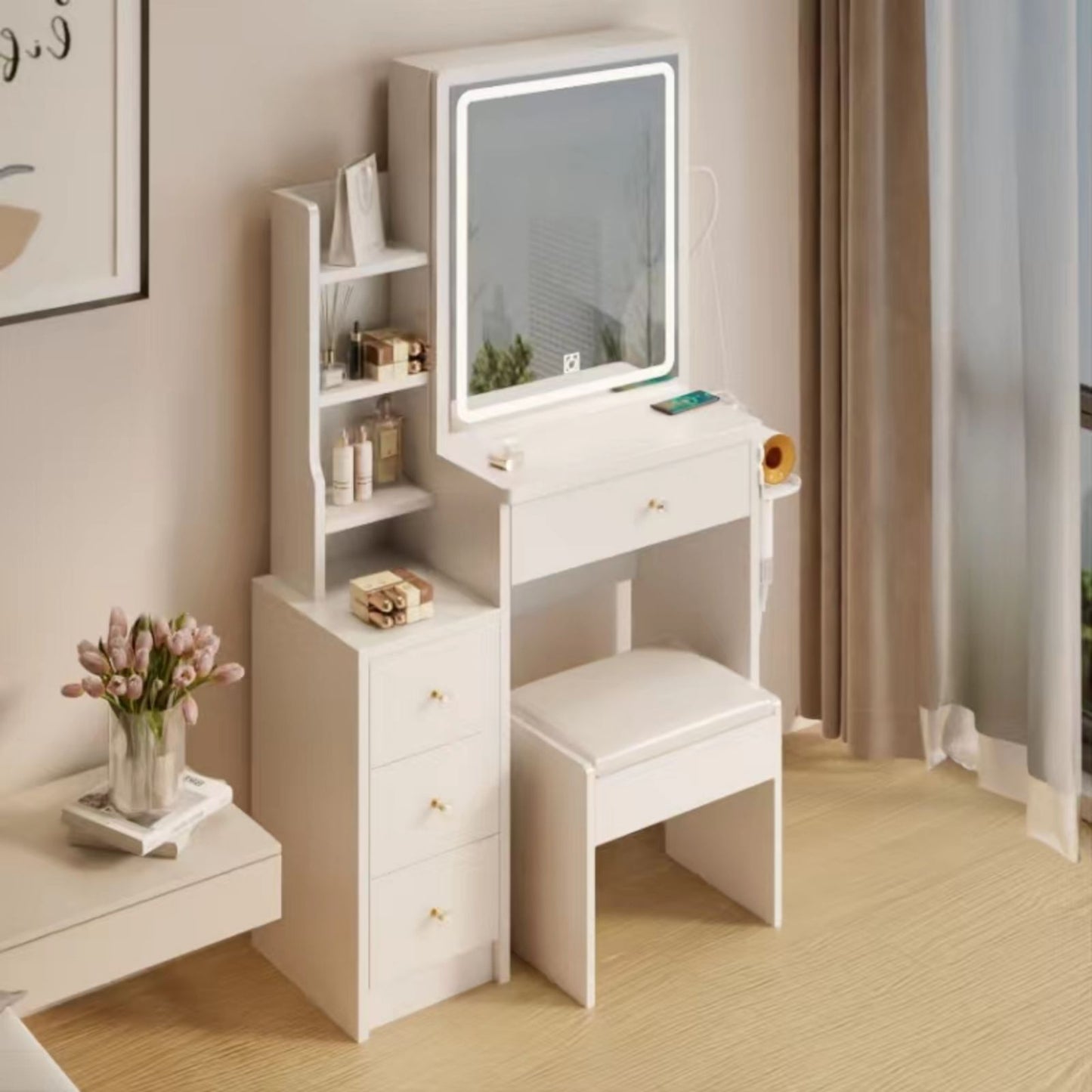 Melysen Left Bedside Cabinet Vanity Table + Cushioned Stool, With 2 AC + 2 USB Socket, Extra Large Sliding LED Mirror, Touch Control, Tri-color, Brightness Adjustable, Multi Layer, High Capacity Storage,White