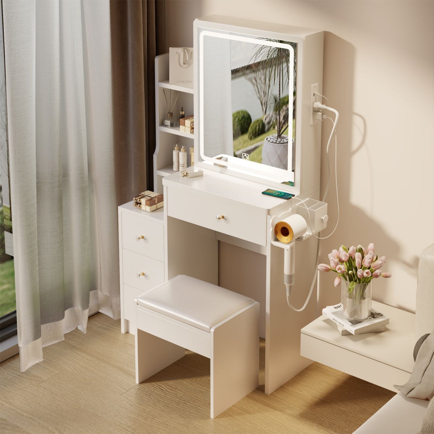 Melysen Left Bedside Cabinet Vanity Table + Cushioned Stool, With 2 AC + 2 USB Socket, Extra Large Sliding LED Mirror, Touch Control, Tri-color, Brightness Adjustable, Multi Layer, High Capacity Storage,White