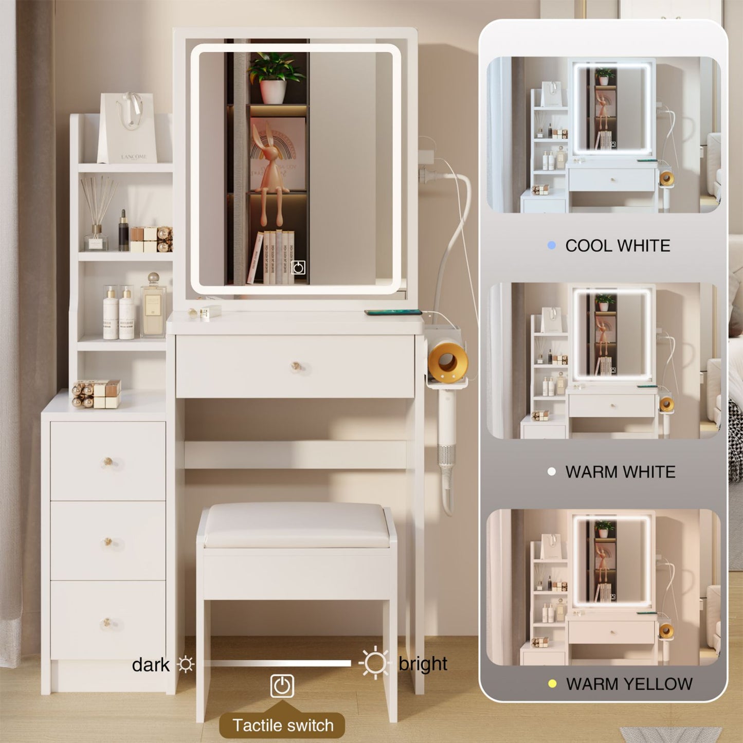 Melysen Left Bedside Cabinet Vanity Table + Cushioned Stool, With 2 AC + 2 USB Socket, Extra Large Sliding LED Mirror, Touch Control, Tri-color, Brightness Adjustable, Multi Layer, High Capacity Storage,White