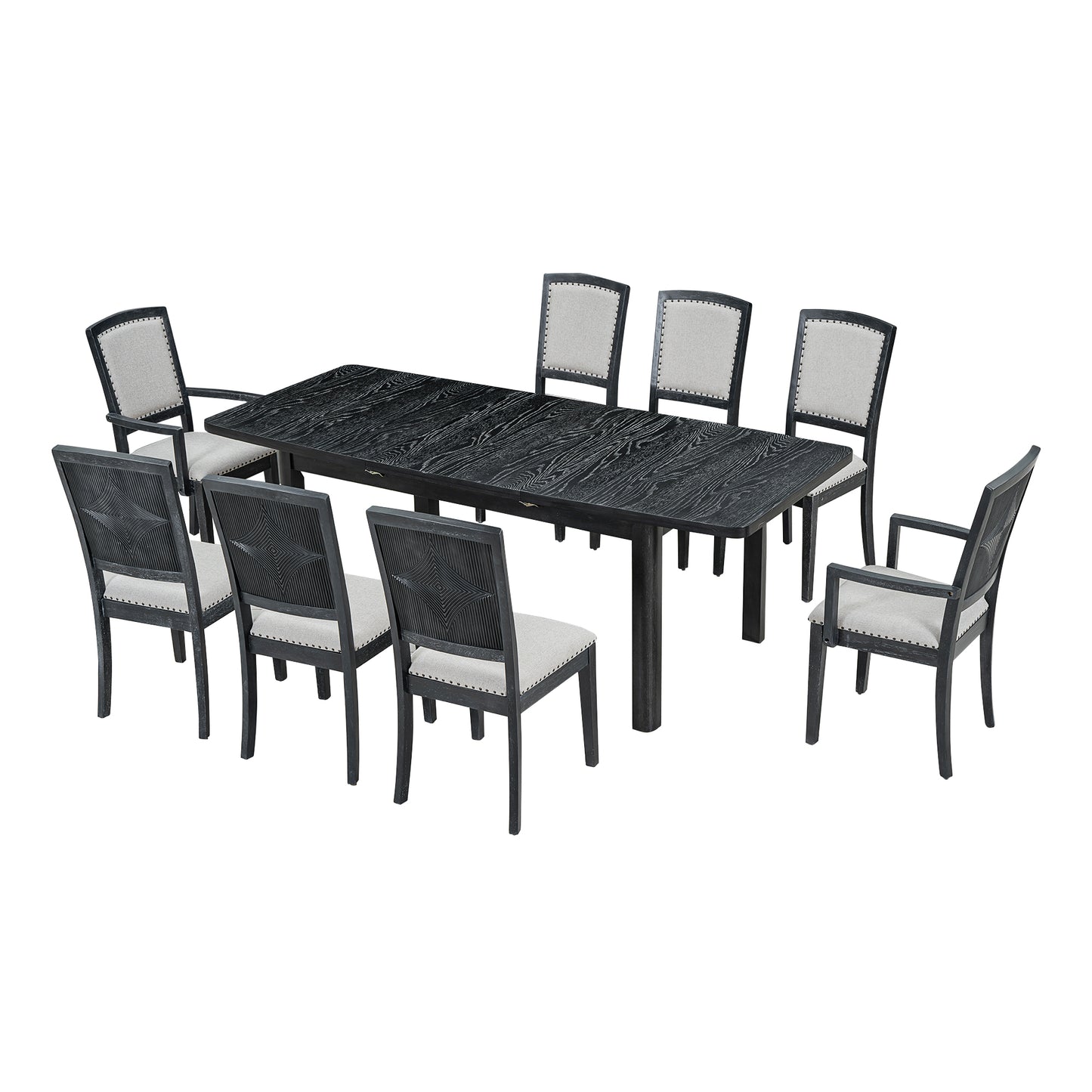 Melysen Rustic Extendable 84inch Dining Table Set with 24inch Removable Leaf , 6 Upholstered Armless Dining Chairs and 2 Padded Arm Chairs, 9 Pieces