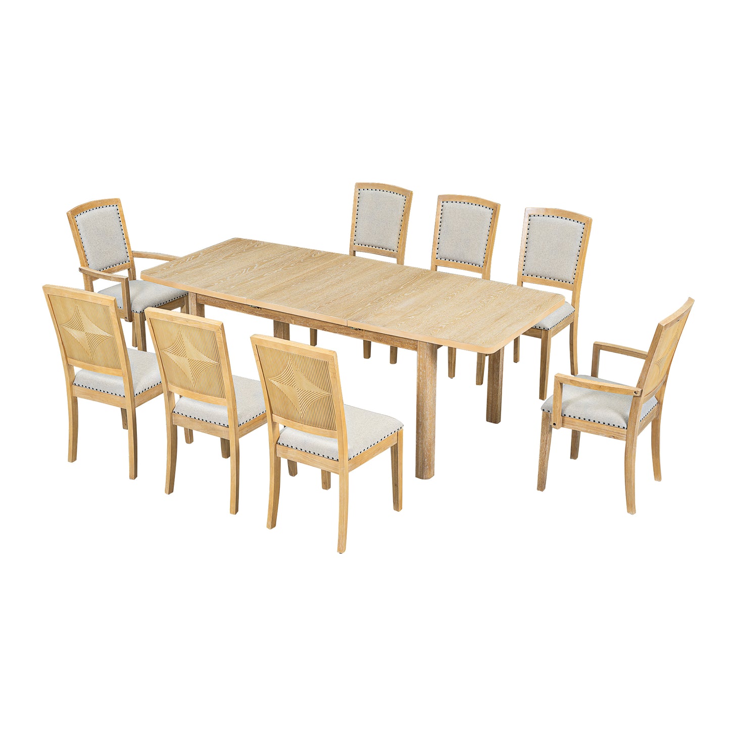 Melysen Rustic Extendable 84inch Dining Table Set with 24inch Removable Leaf , 6 Upholstered Armless Dining Chairs and 2 Padded Arm Chairs, 9 Pieces