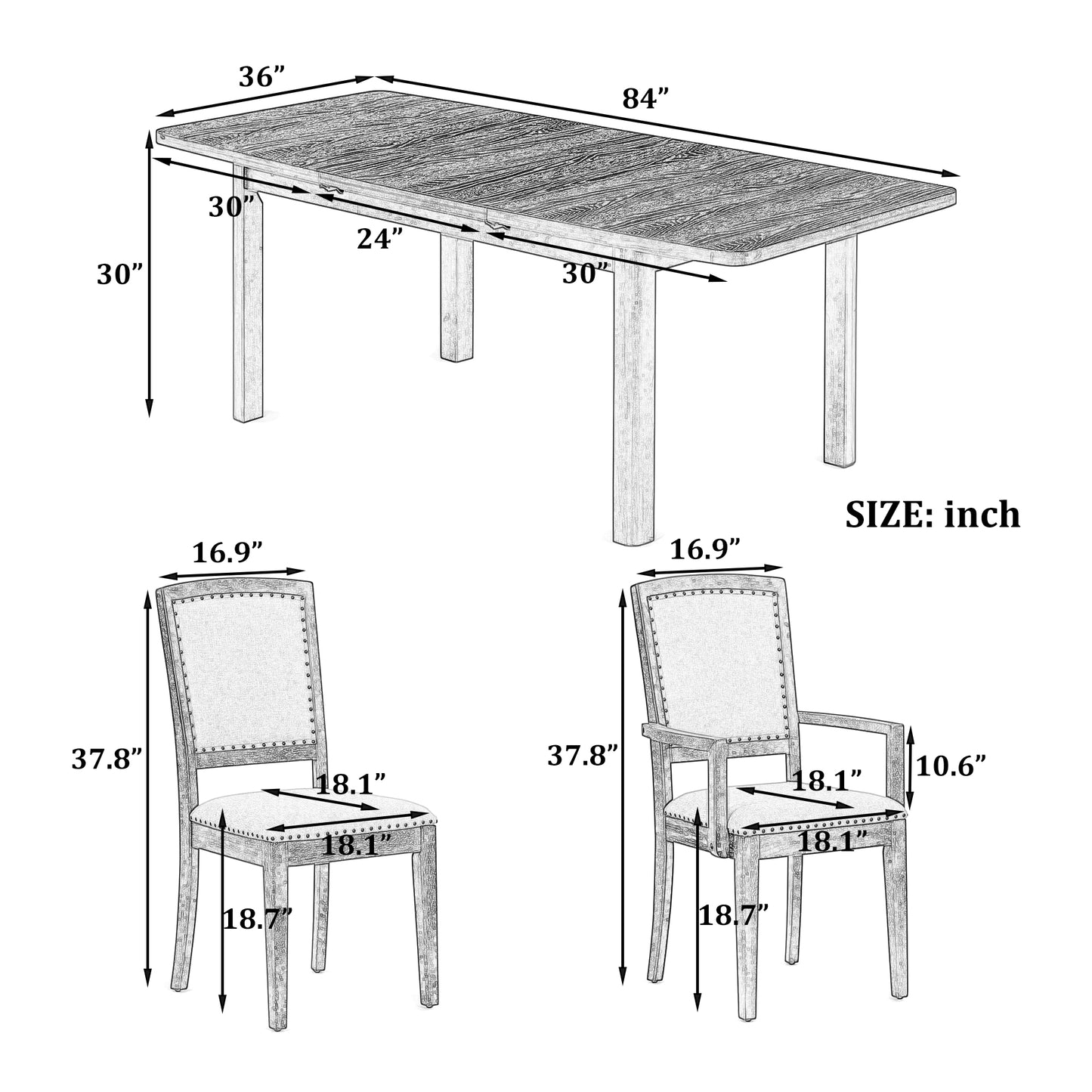 Melysen Rustic Extendable 84inch Dining Table Set with 24inch Removable Leaf , 6 Upholstered Armless Dining Chairs and 2 Padded Arm Chairs, 9 Pieces