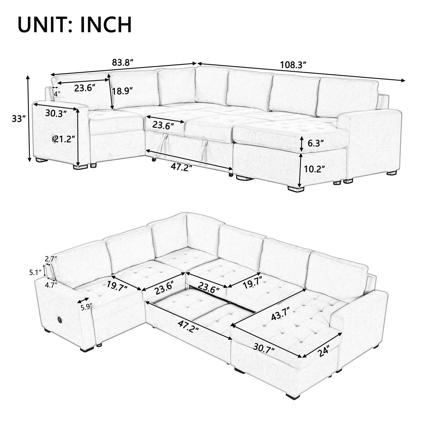 Melysen Sectional Sleeper Sofa with Pull-out Bed and Lounge Chair£¬USB and Type-C Interfaces£¬Suitable for Living Room£¬Office£¬and Spacious Spaces