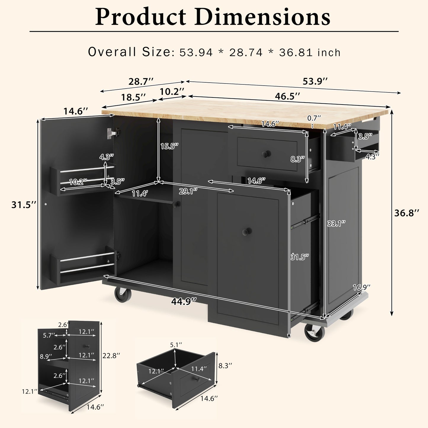 Melysen Kitchen Island with Drop Leaf, 53.9" Width Rolling Kitchen Cart on Wheels with Internal Storage Rack and 3 Tier Pull Out Cabinet Organizer, Kitchen Storage Cart with Spice Rack, Towel Rack (Black)