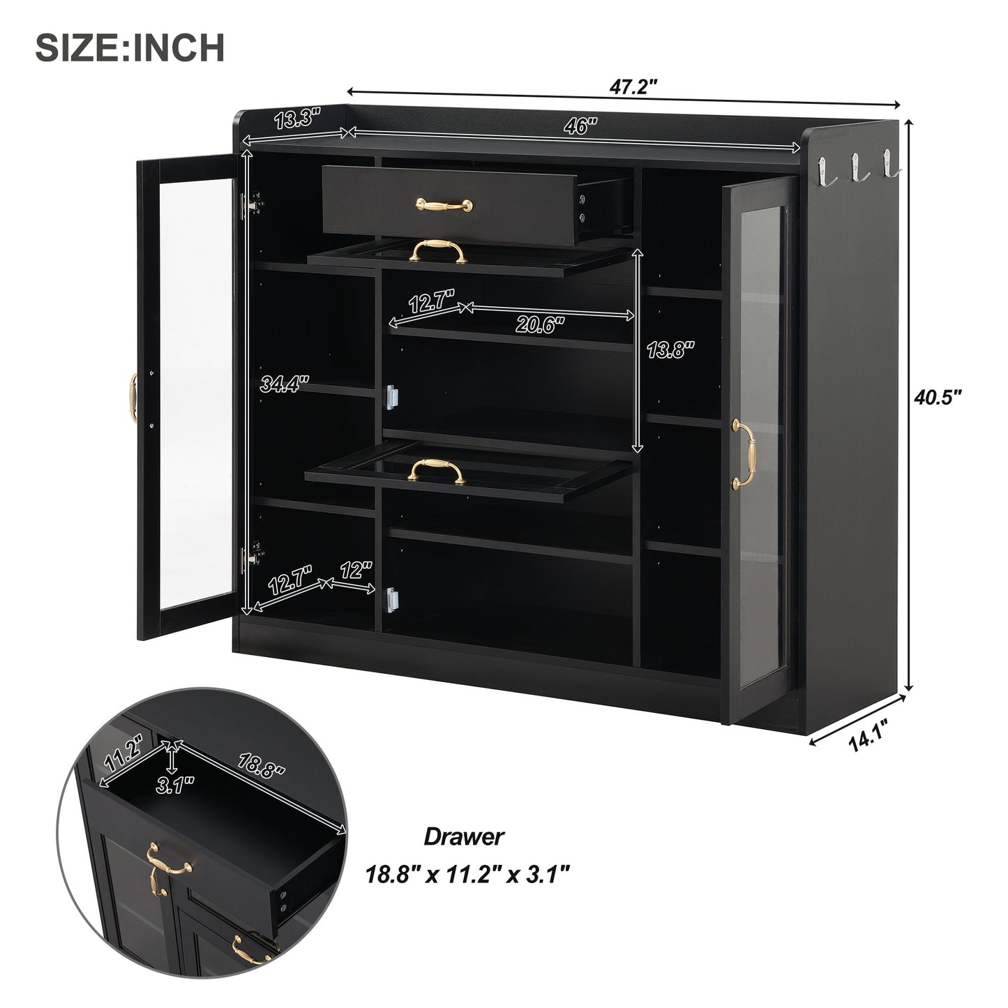 Melysen Modernist Side Cabinet with 4 Glass Doors & 3 Hooks, Freestanding Shoe Rack with Multiple Adjustable Shelves, Versatile Display Cabinet with Gold Handles for Hallway, Living Room, Black