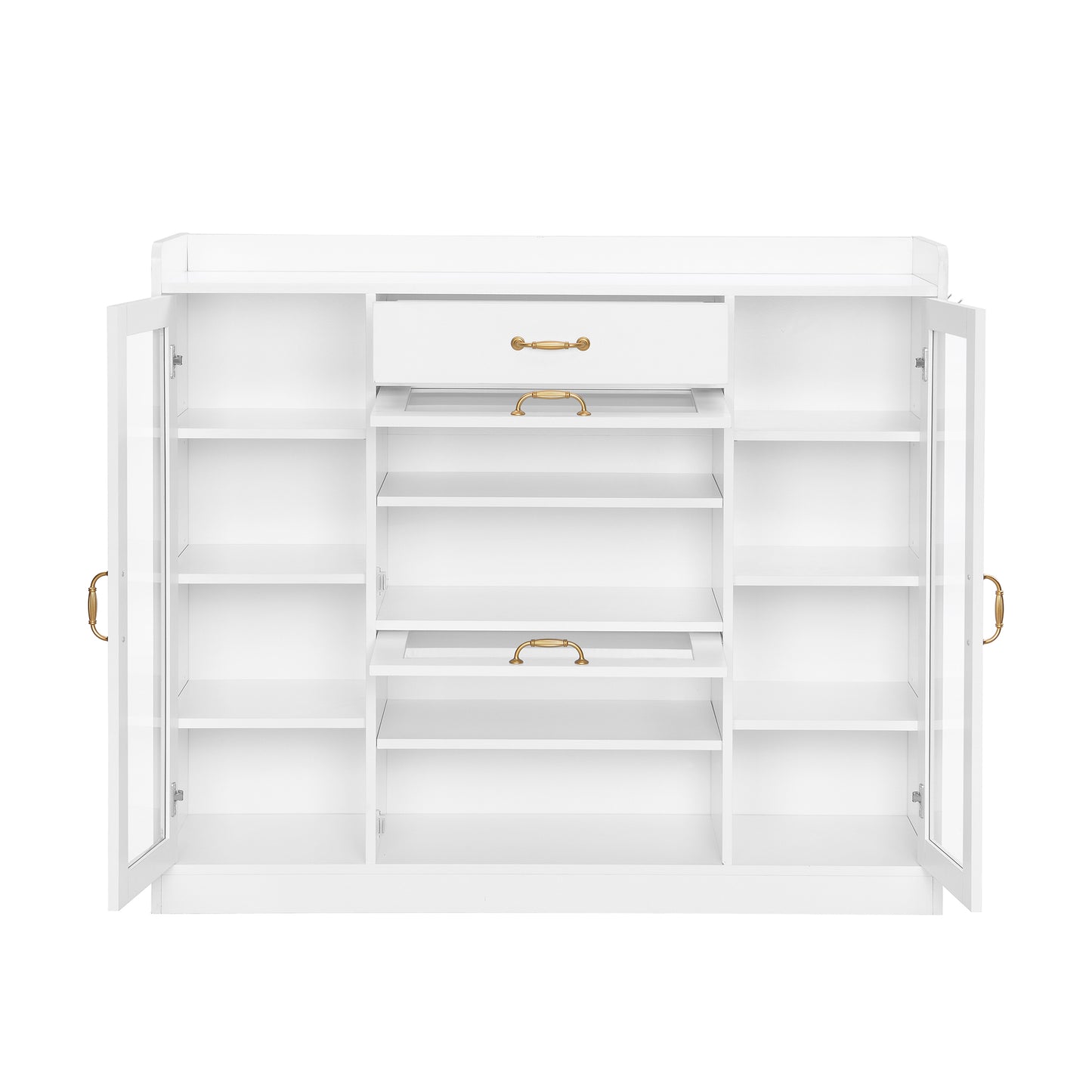 Melysen Modernist Side Cabinet with 4 Glass Doors & 3 Hooks, Freestanding Shoe Rack with Multiple Adjustable Shelves, Versatile Display Cabinet with Gold Handles for Hallway, Living Room, White