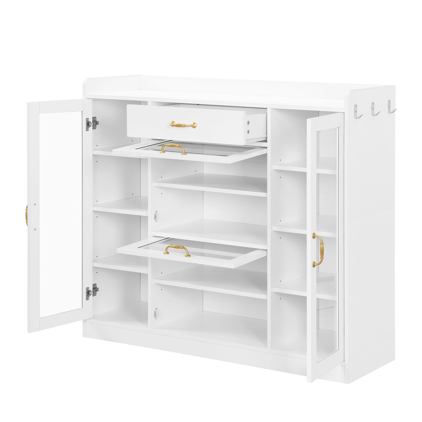 Melysen Modernist Side Cabinet with 4 Glass Doors & 3 Hooks, Freestanding Shoe Rack with Multiple Adjustable Shelves, Versatile Display Cabinet with Gold Handles for Hallway, Living Room, White