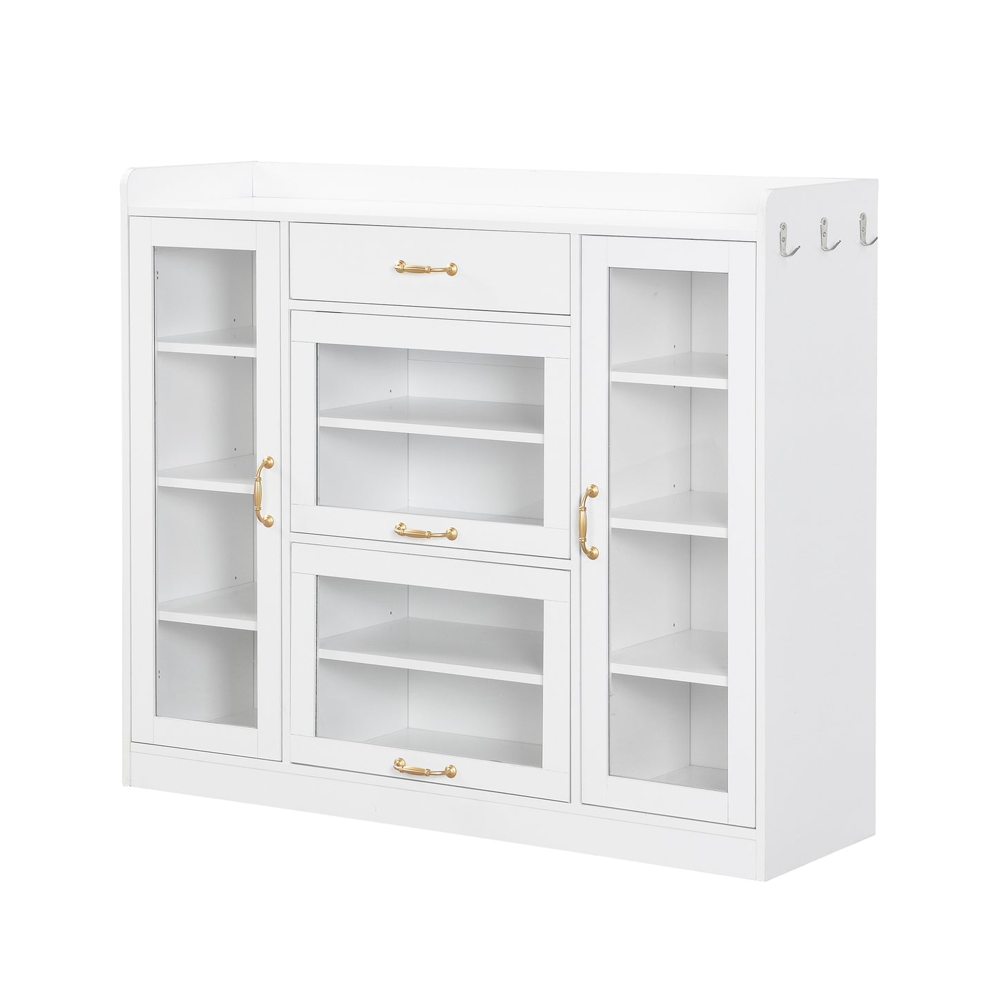 Melysen Modernist Side Cabinet with 4 Glass Doors & 3 Hooks, Freestanding Shoe Rack with Multiple Adjustable Shelves, Versatile Display Cabinet with Gold Handles for Hallway, Living Room, White