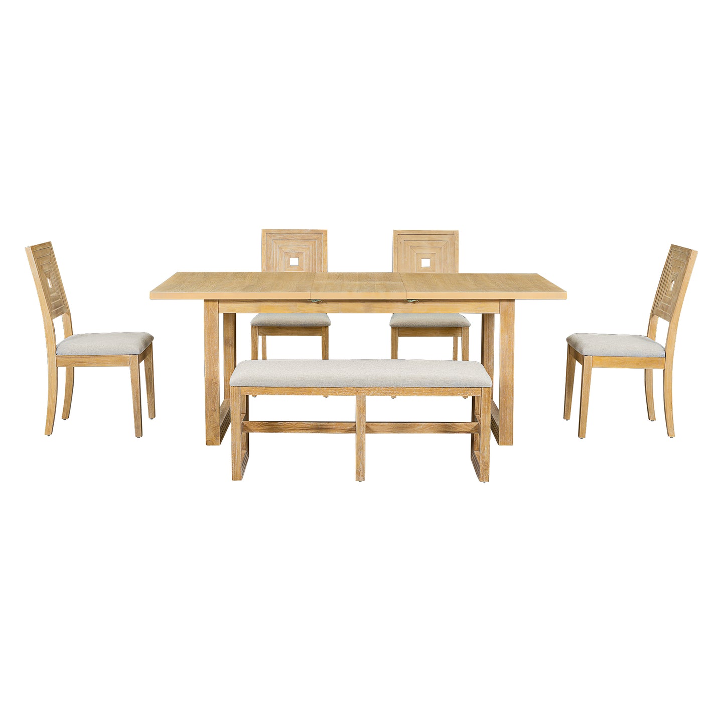 Melysen Modern 78inch 6-Piece Extendable Dining Table Set, 4 Upholstered Dining Chairs and Dining Bench, 18" Butterfly Leaf