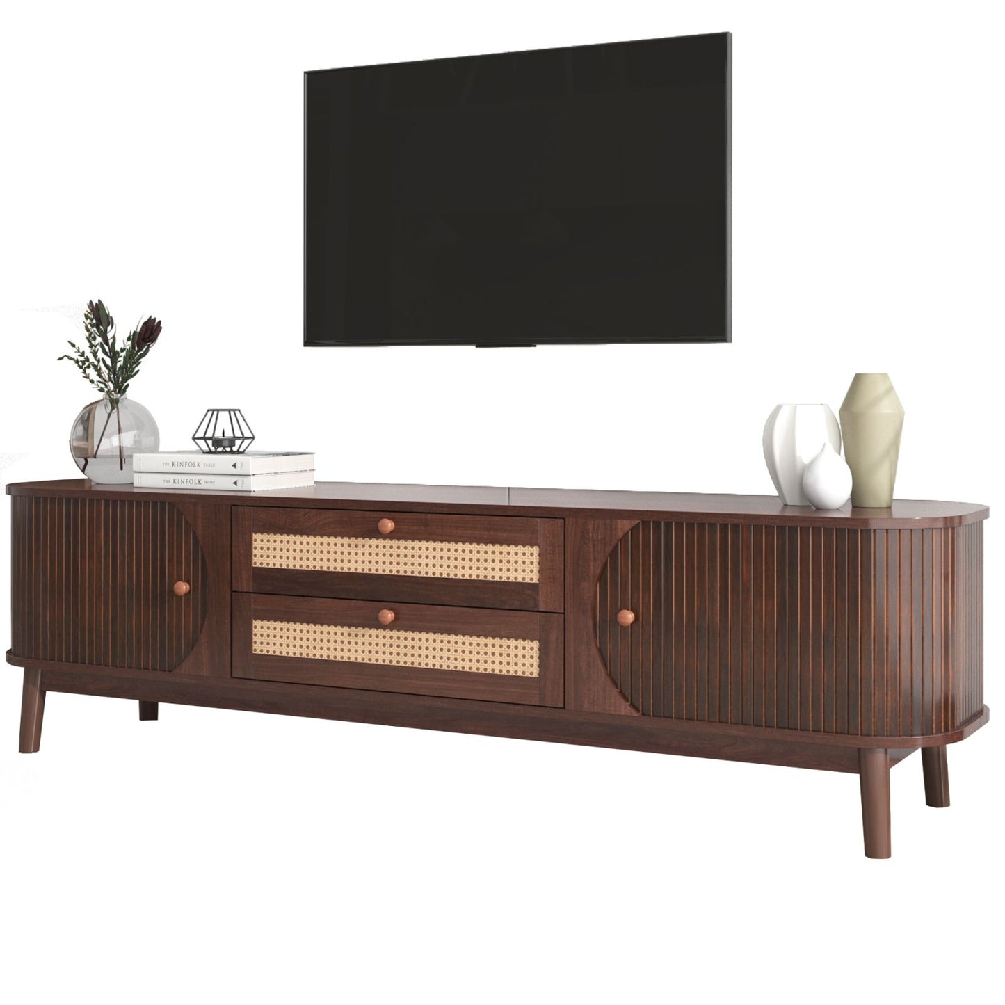 Melysen Rattan TV Stand for TVs up to 75", Modern Farmhouse Media Console, Entertainment Center with Solid Wood Legs, TV Cabinet for Living Room,Home Theatre,Natural Wood+Brown