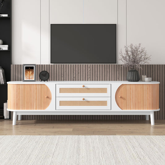 Melysen Rattan TV Stand for TVs up to 75", Modern Farmhouse Media Console, Entertainment Center with Solid Wood Legs, TV Cabinet for Living Room,Home Theatre,Natural+White