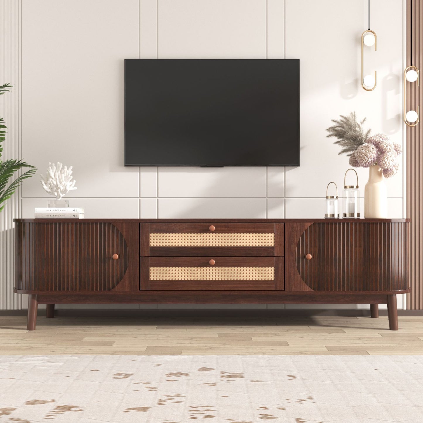 Melysen Rattan TV Stand for TVs up to 75", Modern Farmhouse Media Console, Entertainment Center with Solid Wood Legs, TV Cabinet for Living Room,Home Theatre,Natural Wood+Brown