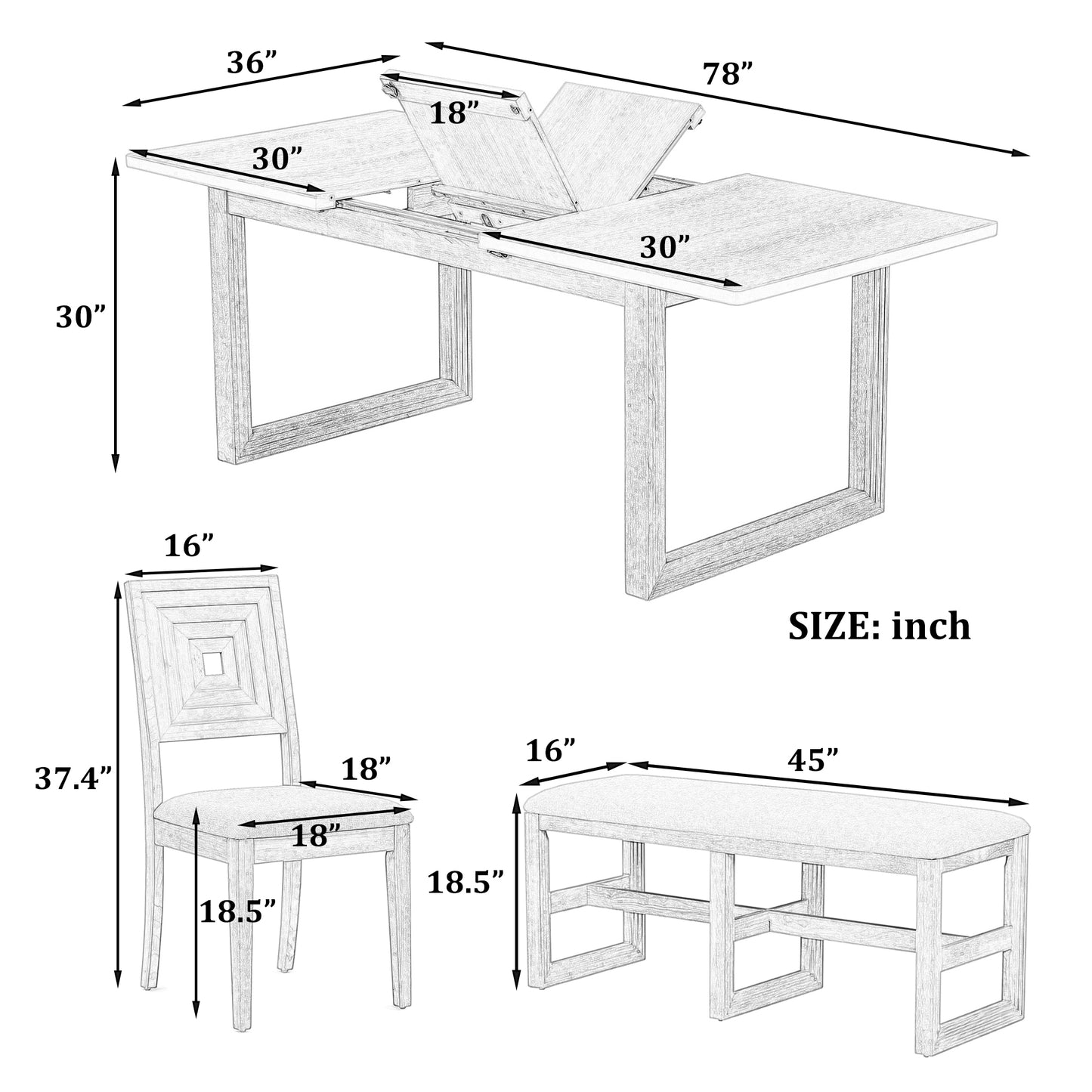 Melysen Modern 78inch 6-Piece Extendable Dining Table Set, 4 Upholstered Dining Chairs and Dining Bench, 18" Butterfly Leaf