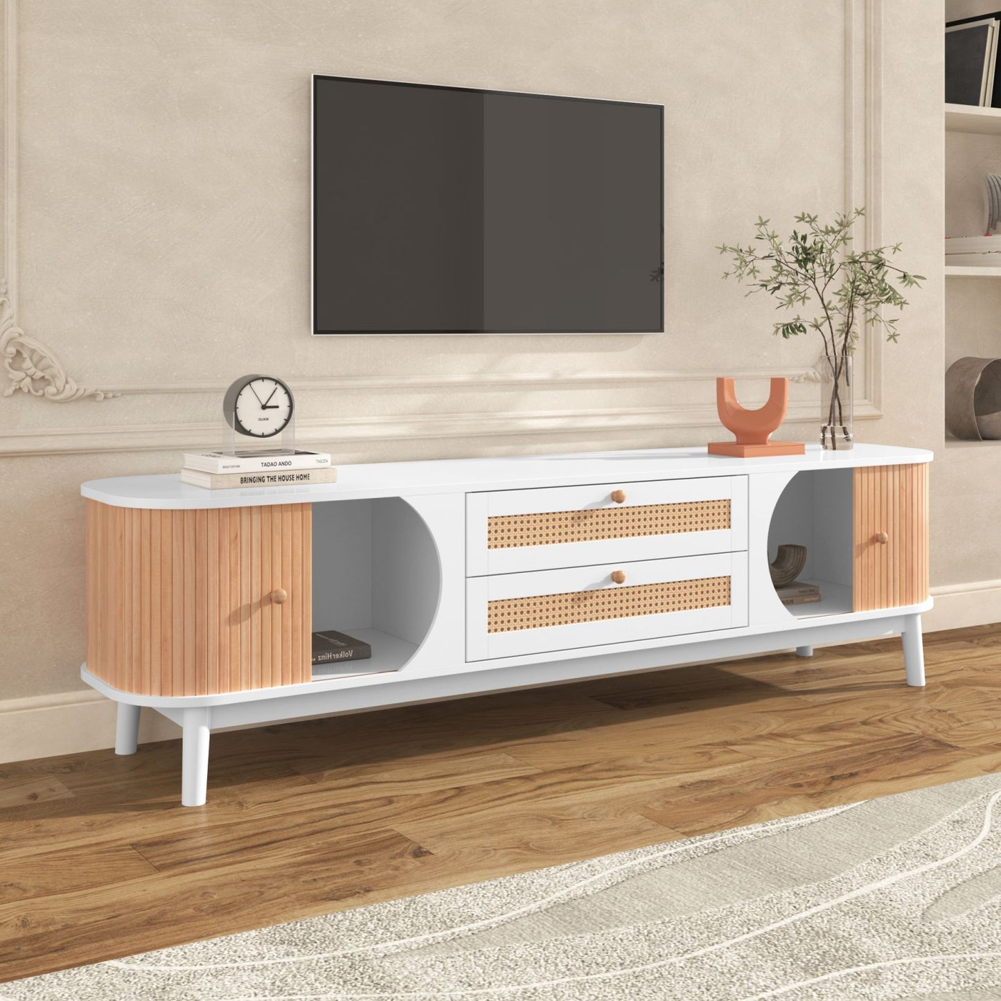 Melysen Rattan TV Stand for TVs up to 75", Modern Farmhouse Media Console, Entertainment Center with Solid Wood Legs, TV Cabinet for Living Room,Home Theatre,Natural+White