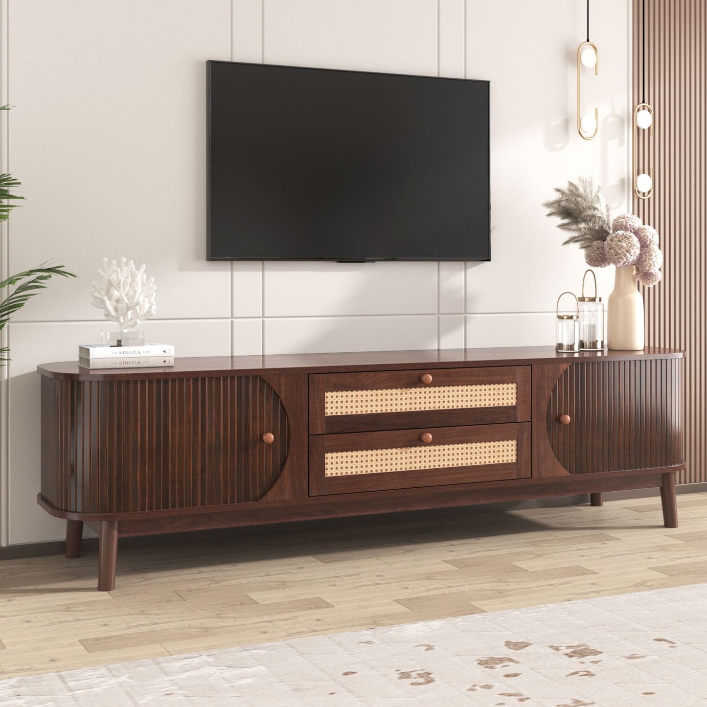 Melysen Rattan TV Stand for TVs up to 75", Modern Farmhouse Media Console, Entertainment Center with Solid Wood Legs, TV Cabinet for Living Room,Home Theatre,Natural Wood+Brown