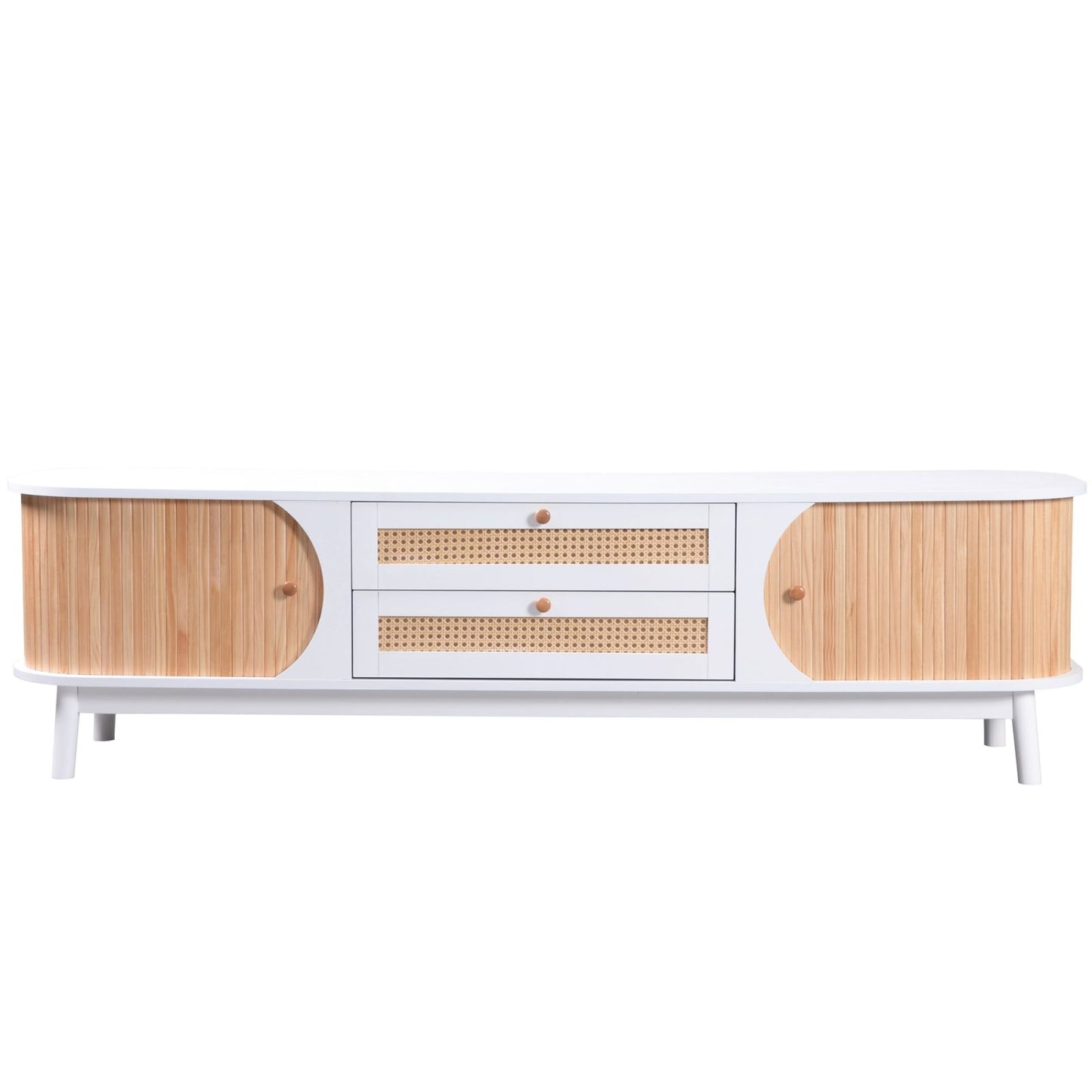 Melysen Rattan TV Stand for TVs up to 75", Modern Farmhouse Media Console, Entertainment Center with Solid Wood Legs, TV Cabinet for Living Room,Home Theatre,Natural+White