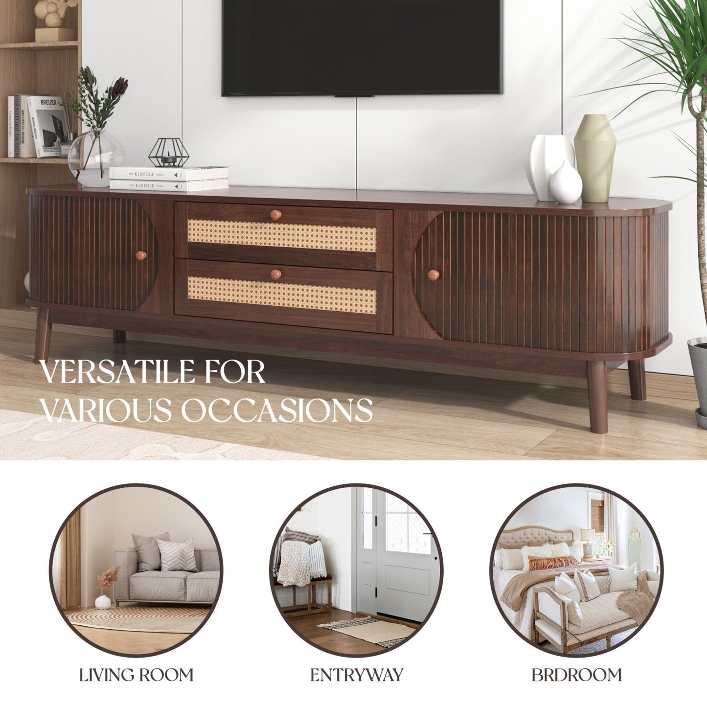 Melysen Rattan TV Stand for TVs up to 75", Modern Farmhouse Media Console, Entertainment Center with Solid Wood Legs, TV Cabinet for Living Room,Home Theatre,Natural Wood+Brown