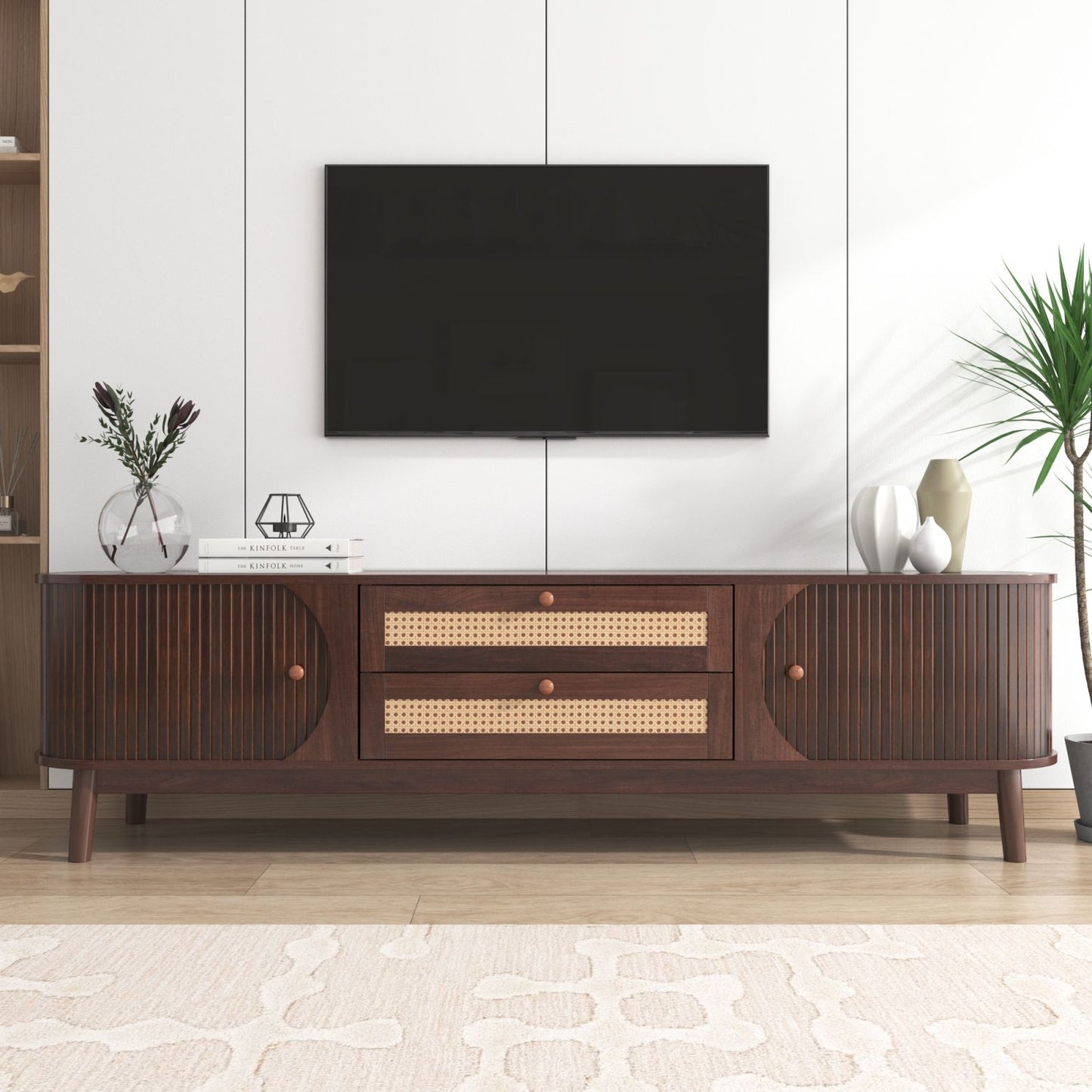 Melysen Rattan TV Stand for TVs up to 75", Modern Farmhouse Media Console, Entertainment Center with Solid Wood Legs, TV Cabinet for Living Room,Home Theatre,Natural Wood+Brown