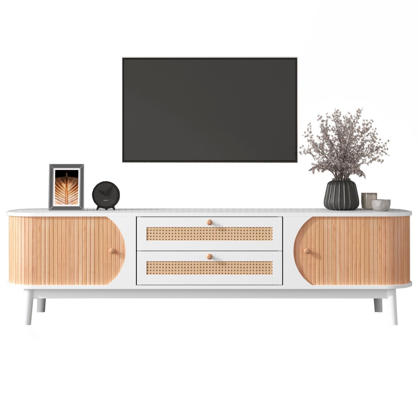 Melysen Rattan TV Stand for TVs up to 75", Modern Farmhouse Media Console, Entertainment Center with Solid Wood Legs, TV Cabinet for Living Room,Home Theatre,Natural+White