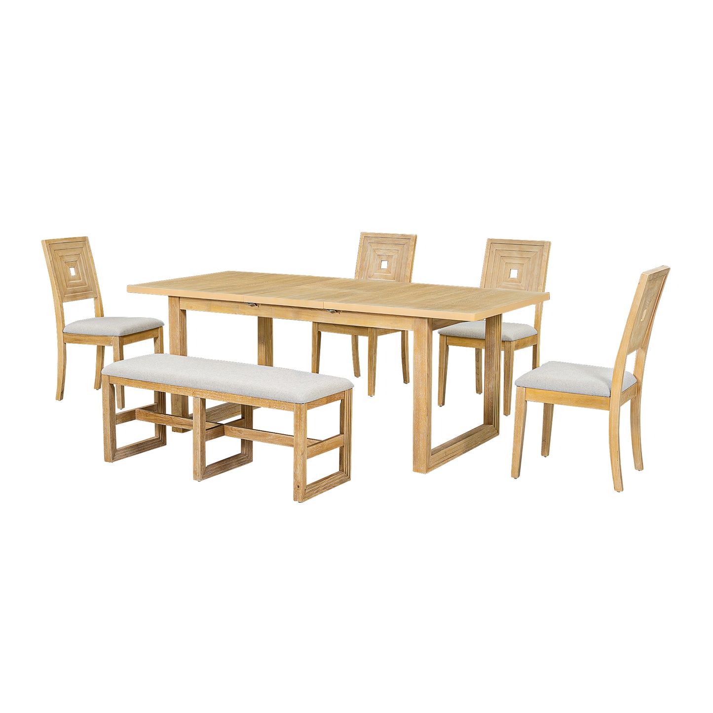 Melysen Modern 78inch 6-Piece Extendable Dining Table Set, 4 Upholstered Dining Chairs and Dining Bench, 18" Butterfly Leaf