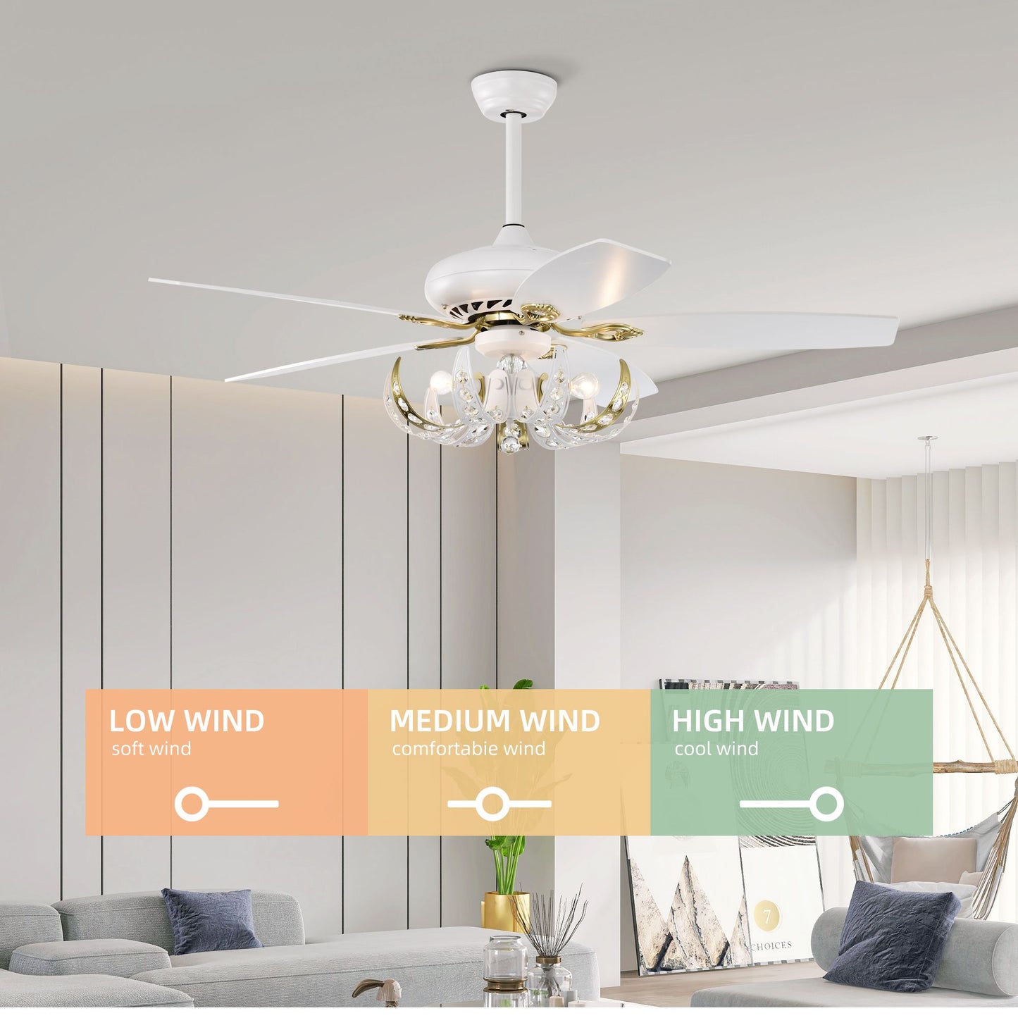 Melysen 52" Crystal Ceiling Fan with 5 Reversible Blades Light Kit and Remote Control, 3-Speed - Matte White