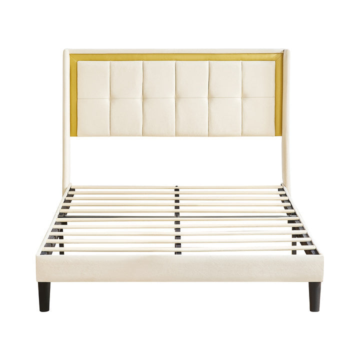 Melysen Queen Size Upholstered Bed with Headboard, Sturdy Wooden Slats,Beige