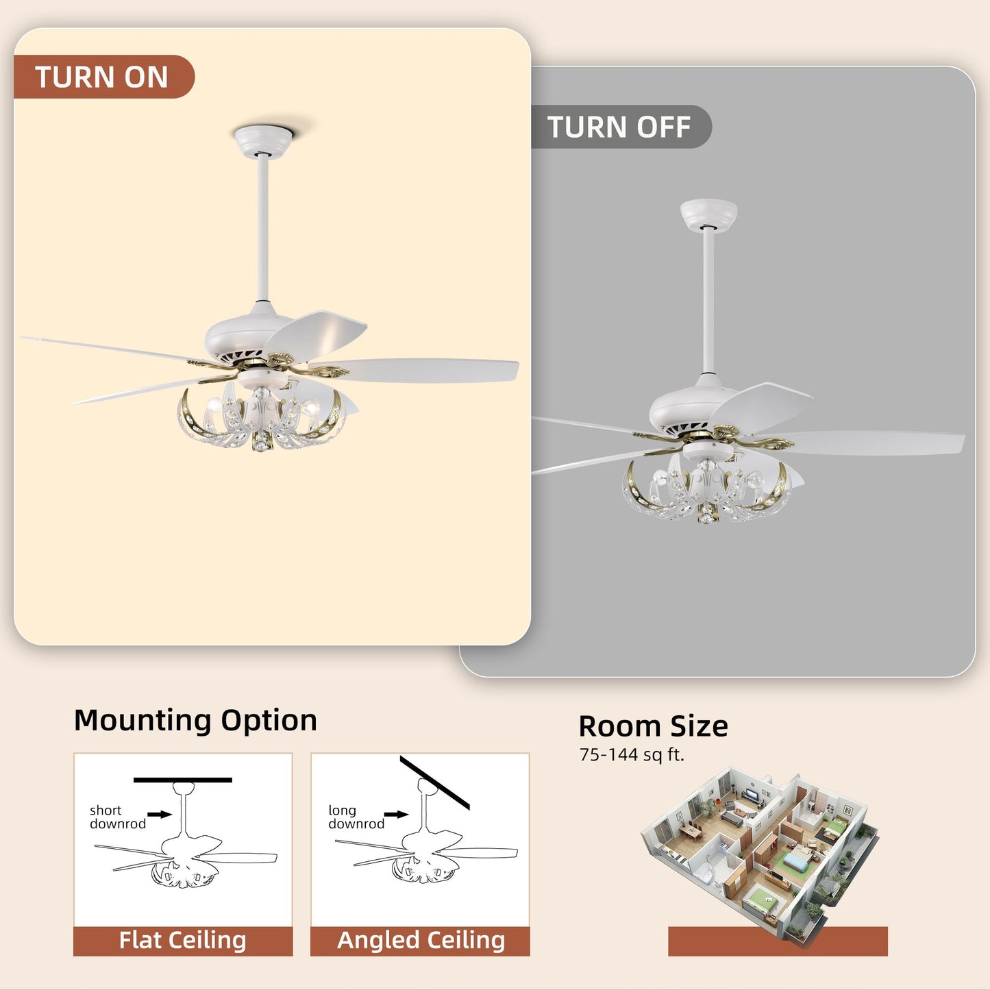 Melysen 52" Crystal Ceiling Fan with 5 Reversible Blades Light Kit and Remote Control, 3-Speed - Matte White