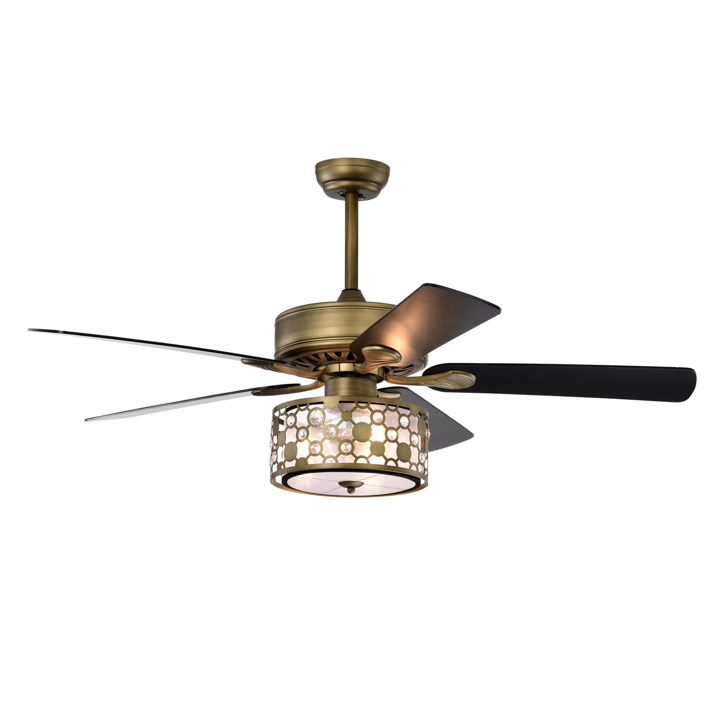 Melysen 52inch Antique Bronze Metal 3 Lights Crystal Ceiling Fan with 5 Wood Blades, Two-color fan blade, AC Motor, Remote Control, Reversible Airflow, 3 Speed, Adjustable Height, Traditional Ceiling Fan