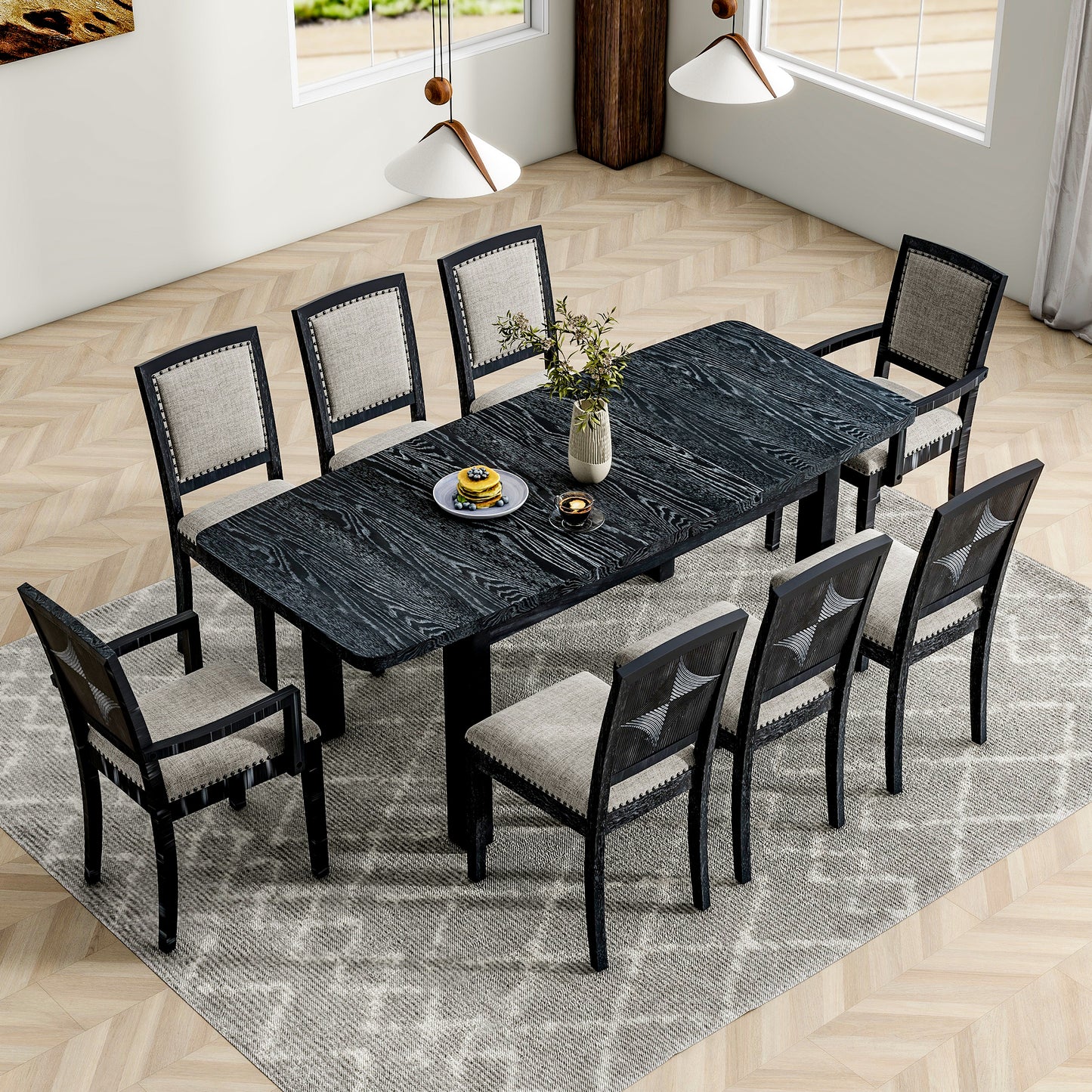 Melysen Rustic Extendable 84inch Dining Table Set with 24inch Removable Leaf , 6 Upholstered Armless Dining Chairs and 2 Padded Arm Chairs, 9 Pieces