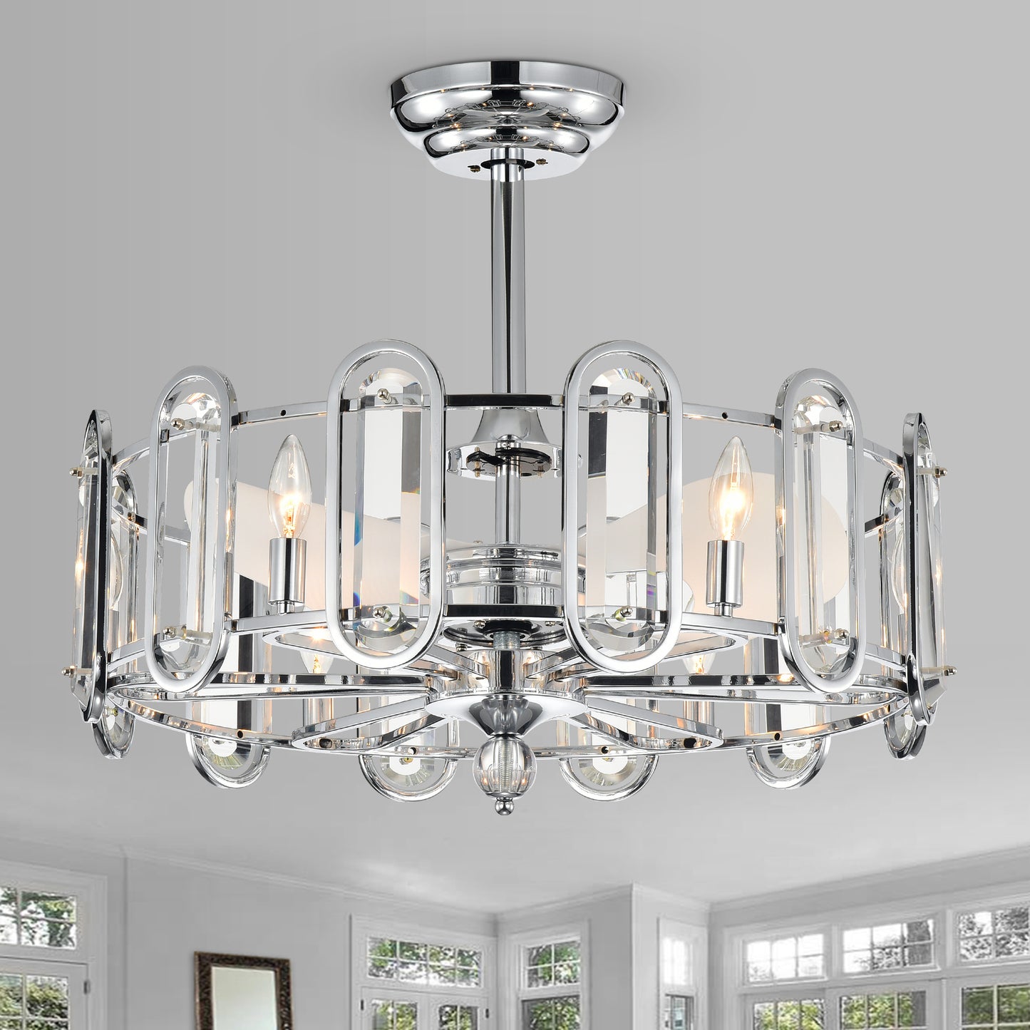 Melysen Dia 26 inch Crystal Chandelier Ceiling Fan Vintage Fandelier Flush Mounted Invisible for Bedroom Dining Room Living Room Kitchen Farmhouse Entry, Chrome