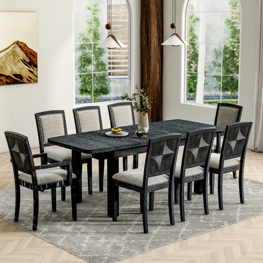 Melysen Rustic Extendable 84inch Dining Table Set with 24inch Removable Leaf , 6 Upholstered Armless Dining Chairs and 2 Padded Arm Chairs, 9 Pieces