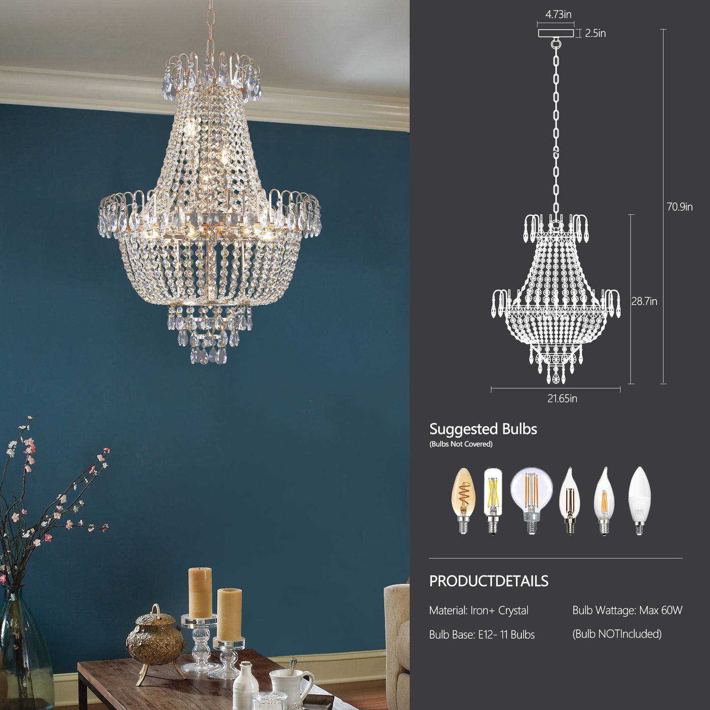 Large luxury crystal chandelier in living room(No Bulbs)