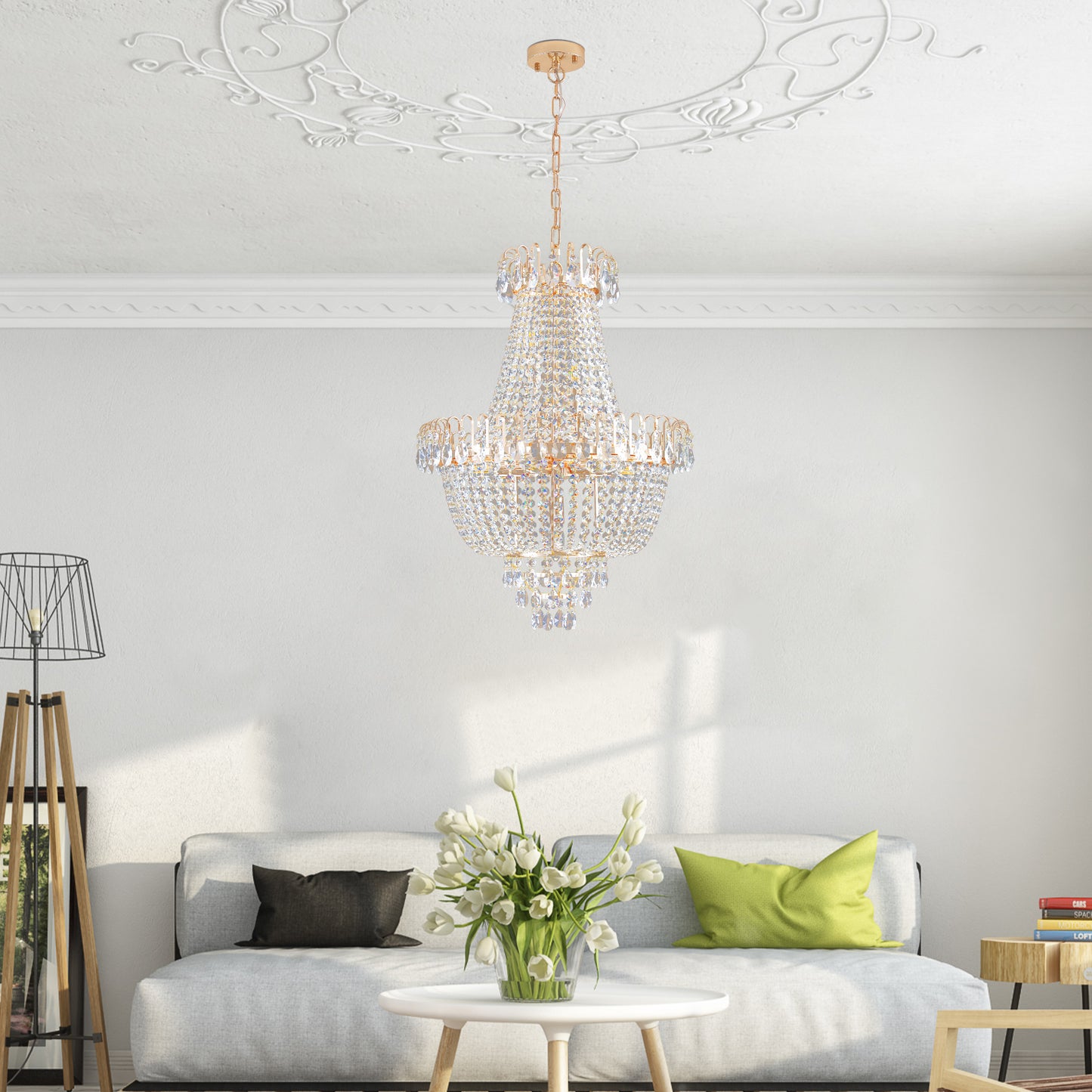 Large luxury crystal chandelier in living room(No Bulbs)