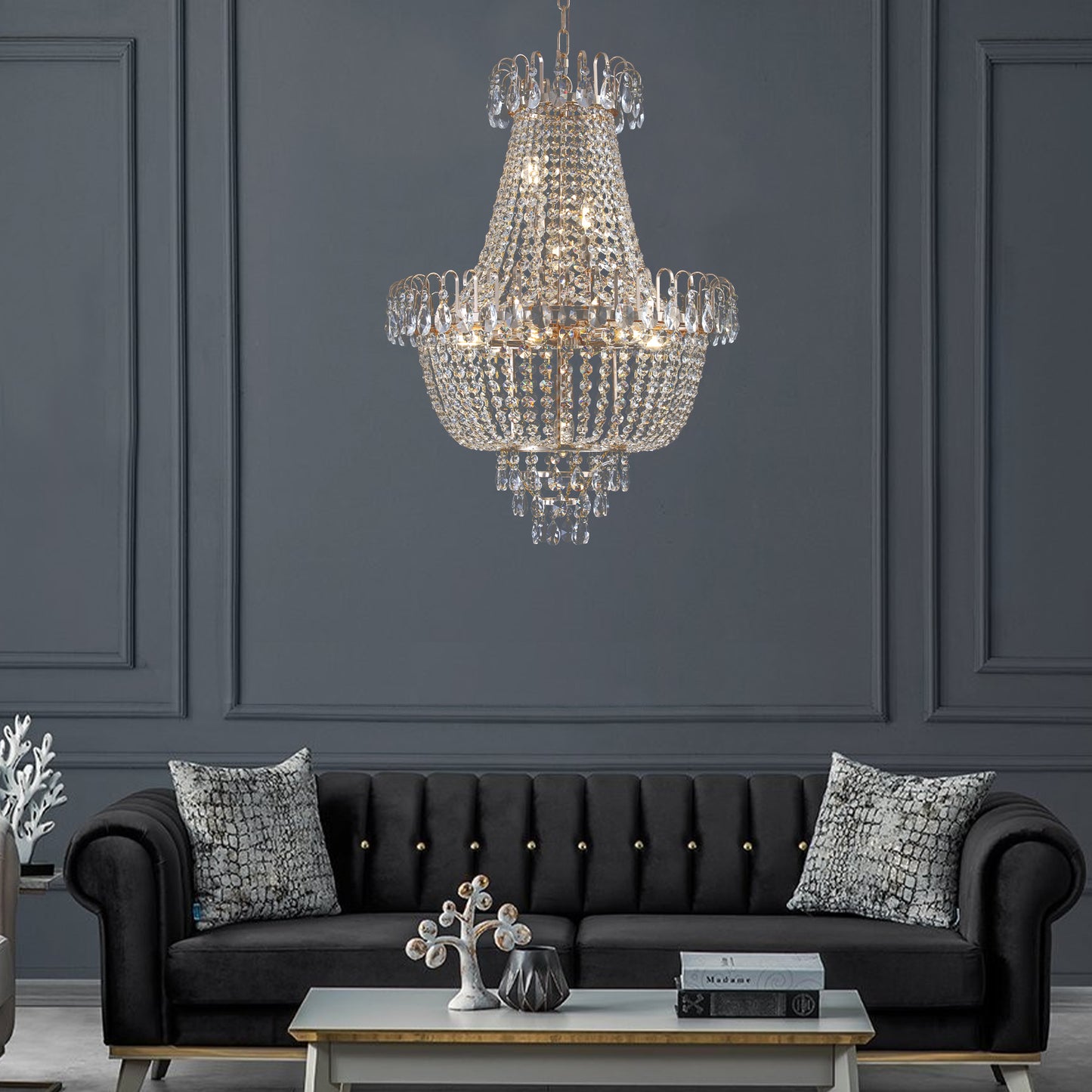 Large luxury crystal chandelier in living room(No Bulbs)