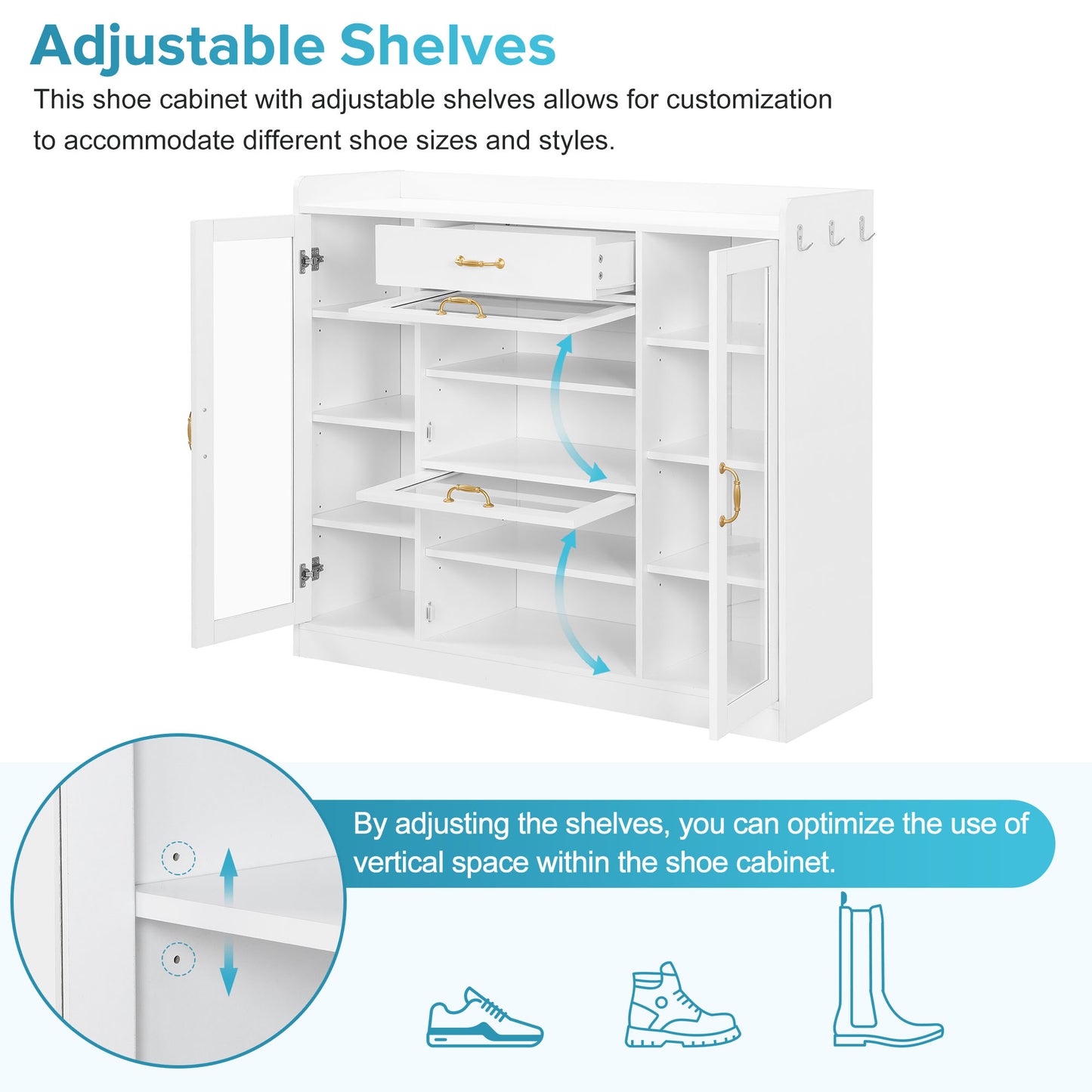 Melysen Modernist Side Cabinet with 4 Glass Doors & 3 Hooks, Freestanding Shoe Rack with Multiple Adjustable Shelves, Versatile Display Cabinet with Gold Handles for Hallway, Living Room, White