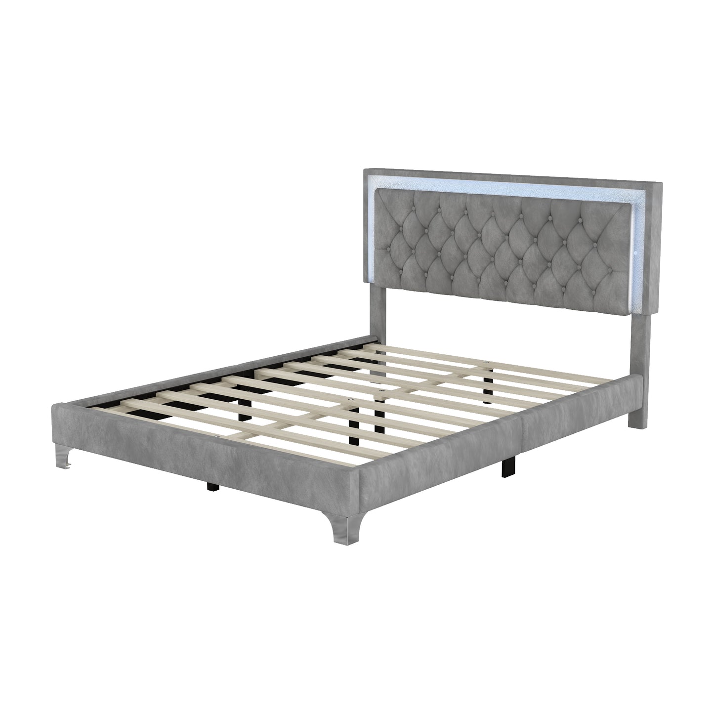 Melysen Queen Size Upholstered Bed Frame with LED Lights,Modern Velvet Platform Bed with Tufted Headboard