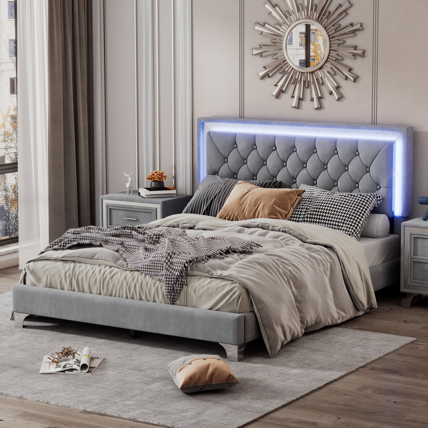 Melysen Queen Size Upholstered Bed Frame with LED Lights,Modern Velvet Platform Bed with Tufted Headboard