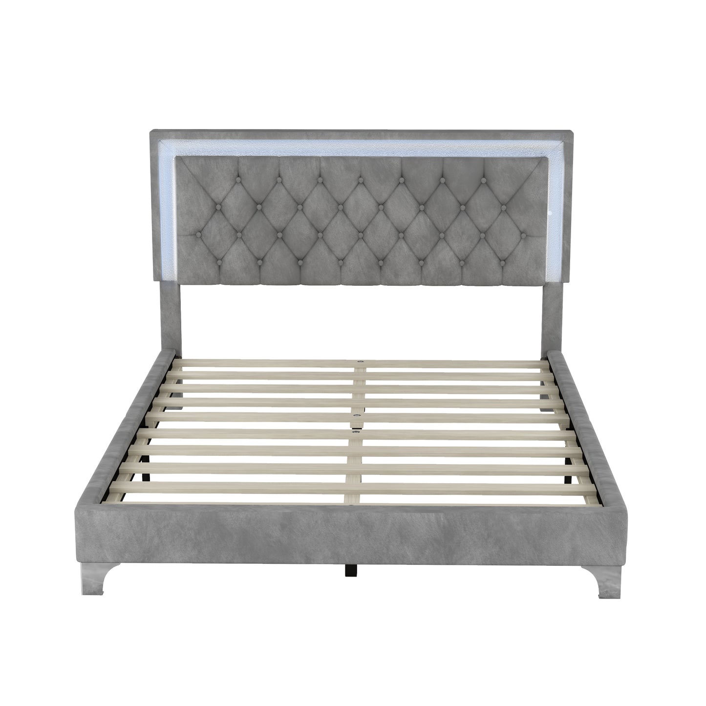 Melysen Queen Size Upholstered Bed Frame with LED Lights,Modern Velvet Platform Bed with Tufted Headboard