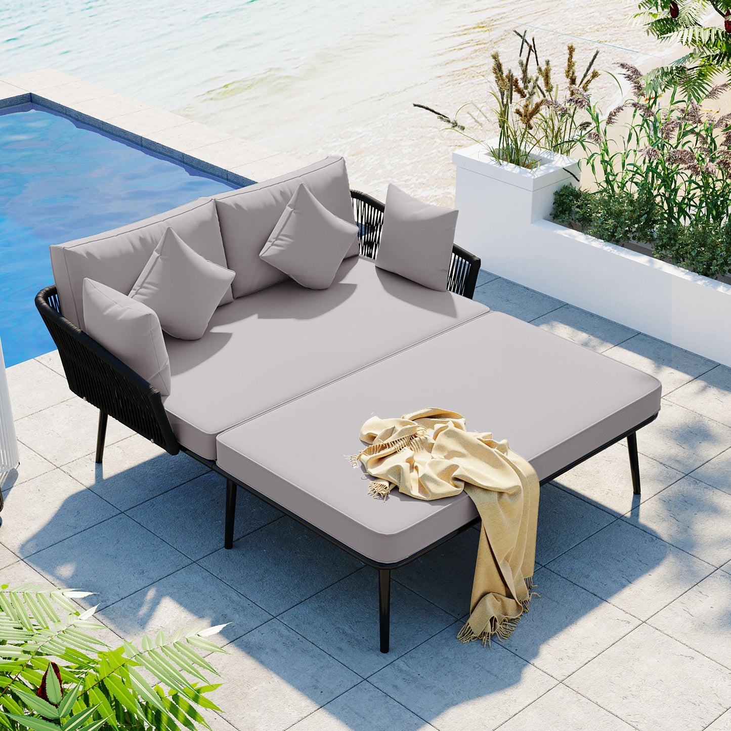 Melysen Outdoor Patio Daybed, Woven Nylon Rope Backrest with Washable Cushions for Balcony, Poolside, Set for 2 Person