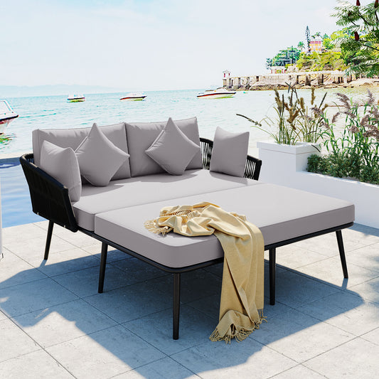 Melysen Outdoor Patio Daybed, Woven Nylon Rope Backrest with Washable Cushions for Balcony, Poolside, Set for 2 Person