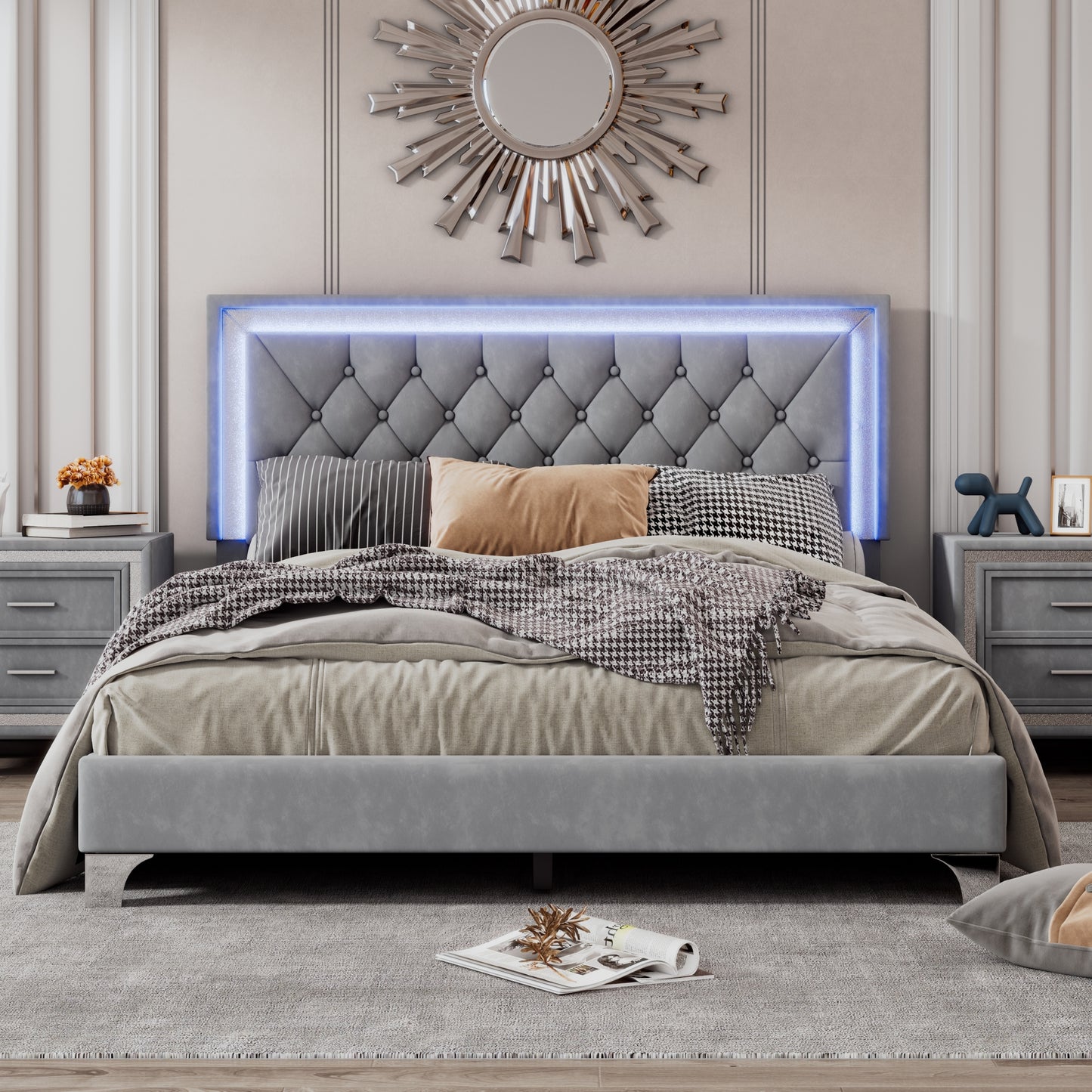 Melysen Queen Size Upholstered Bed Frame with LED Lights,Modern Velvet Platform Bed with Tufted Headboard