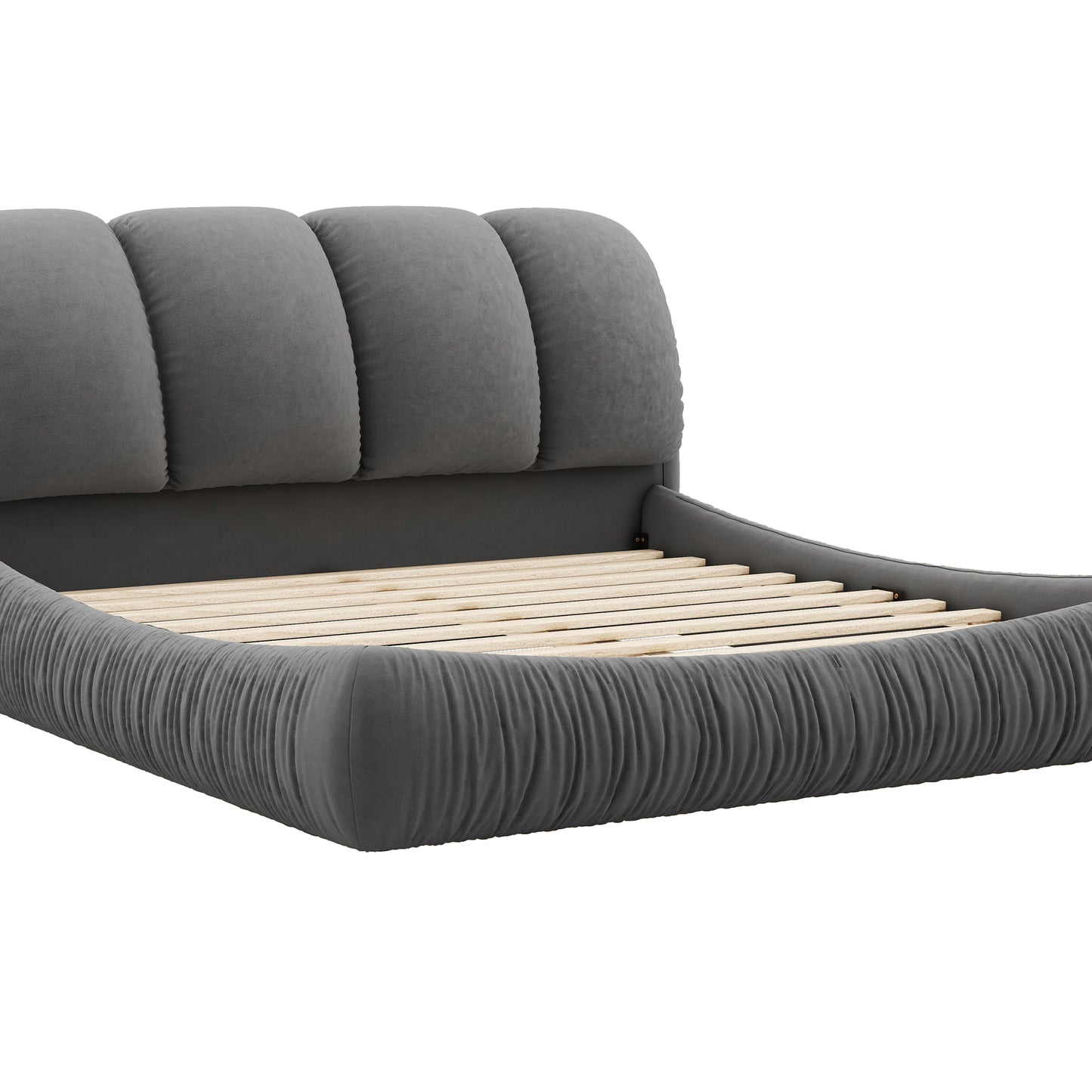 Melysen King Size Luxury Upholstered Bed with Thick Headboard, Velvet King Bed with Oversized Padded Backrest, Gray